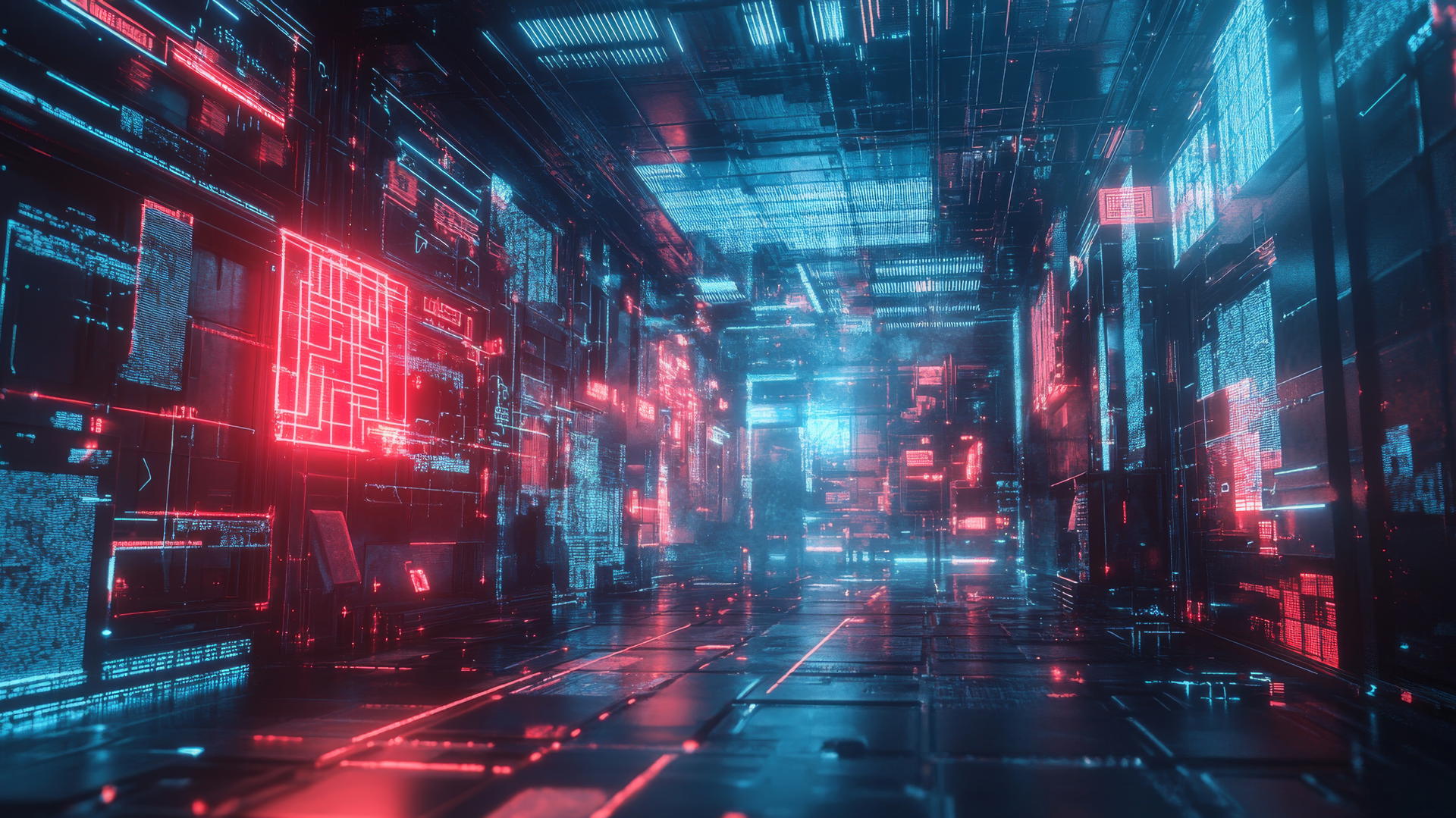 Futuristic digital world with neon grids, floating holograms, abstract shapes, cool wallpapers 4k