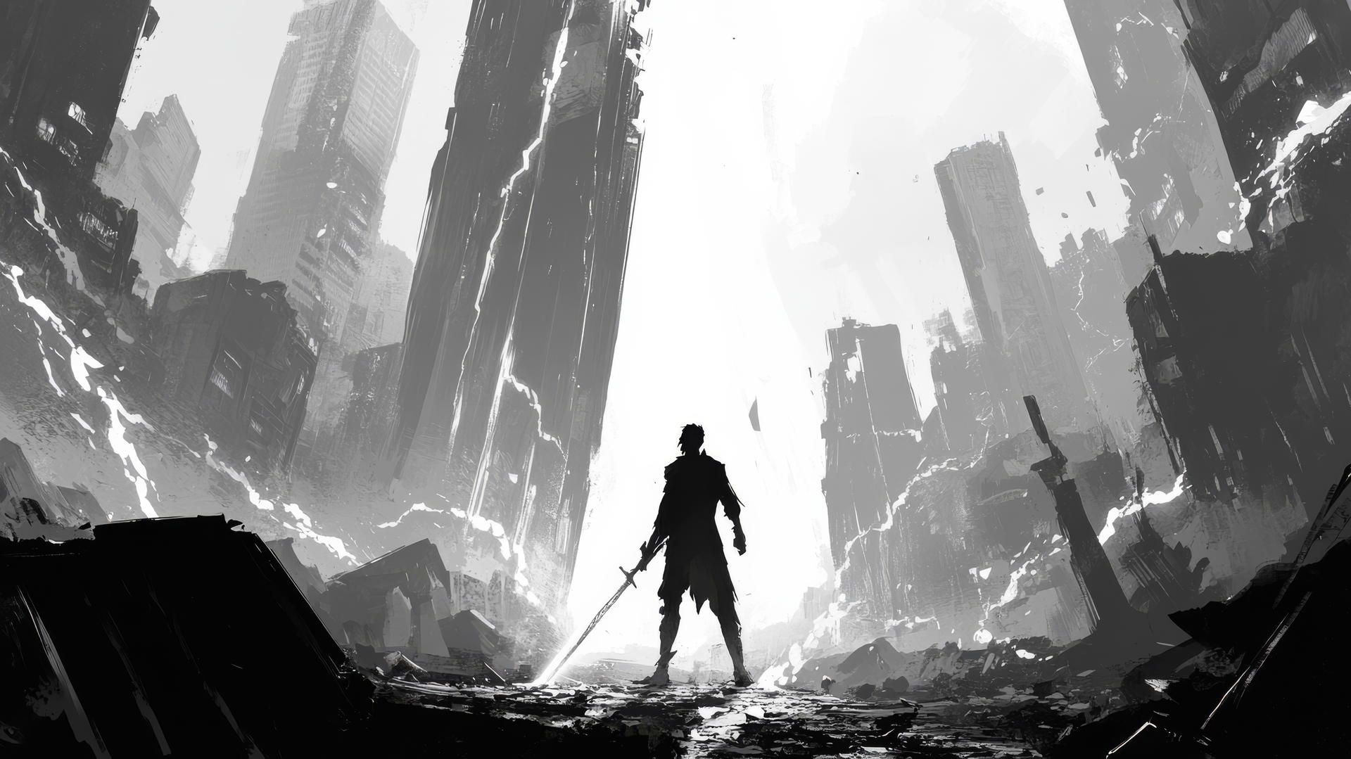 Cool wallpapers for boys showing a hero with a glowing sword in a ruined city