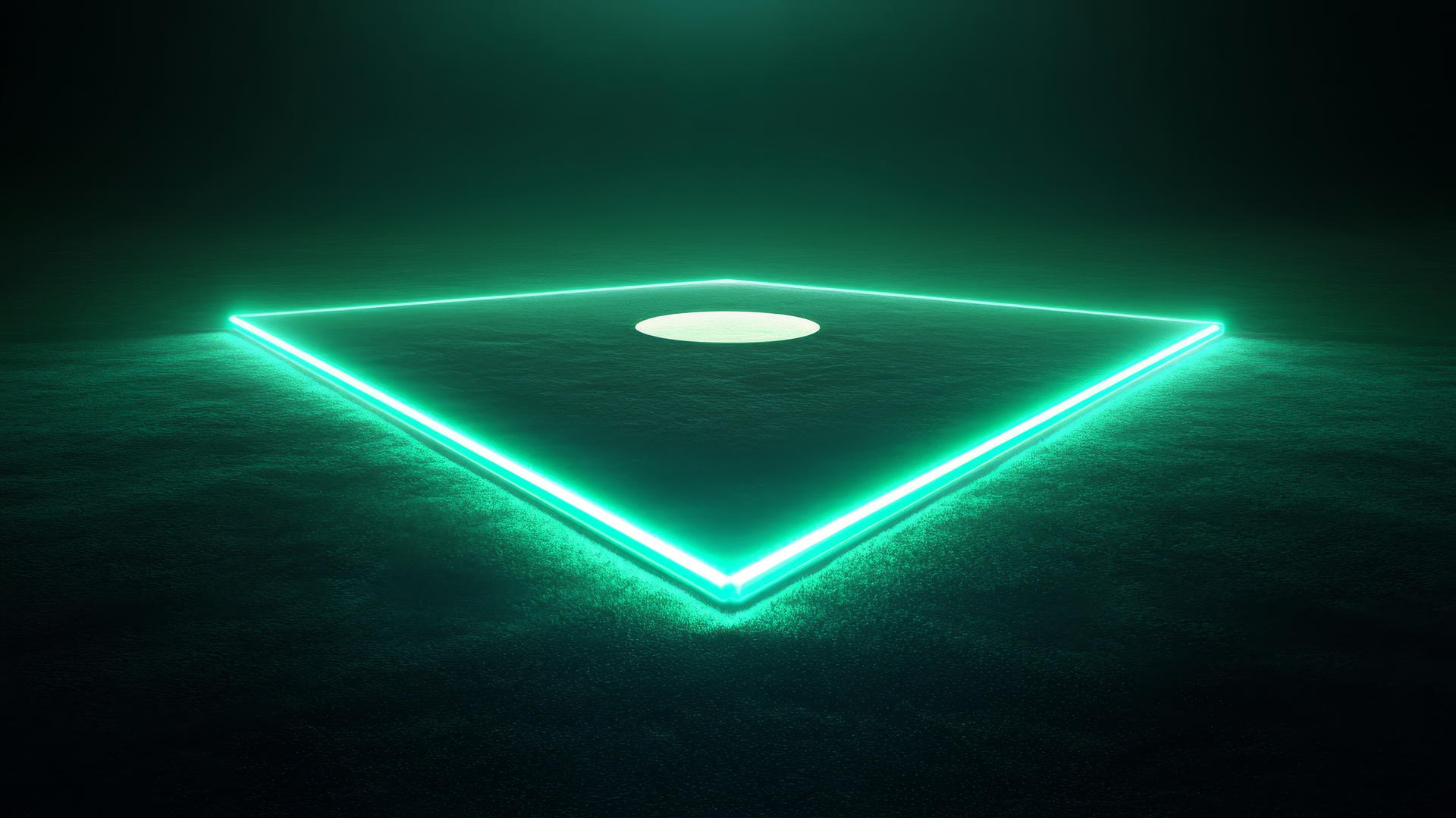 Geometric baseball diamond with glowing bases and neon highlights on dark green field.
