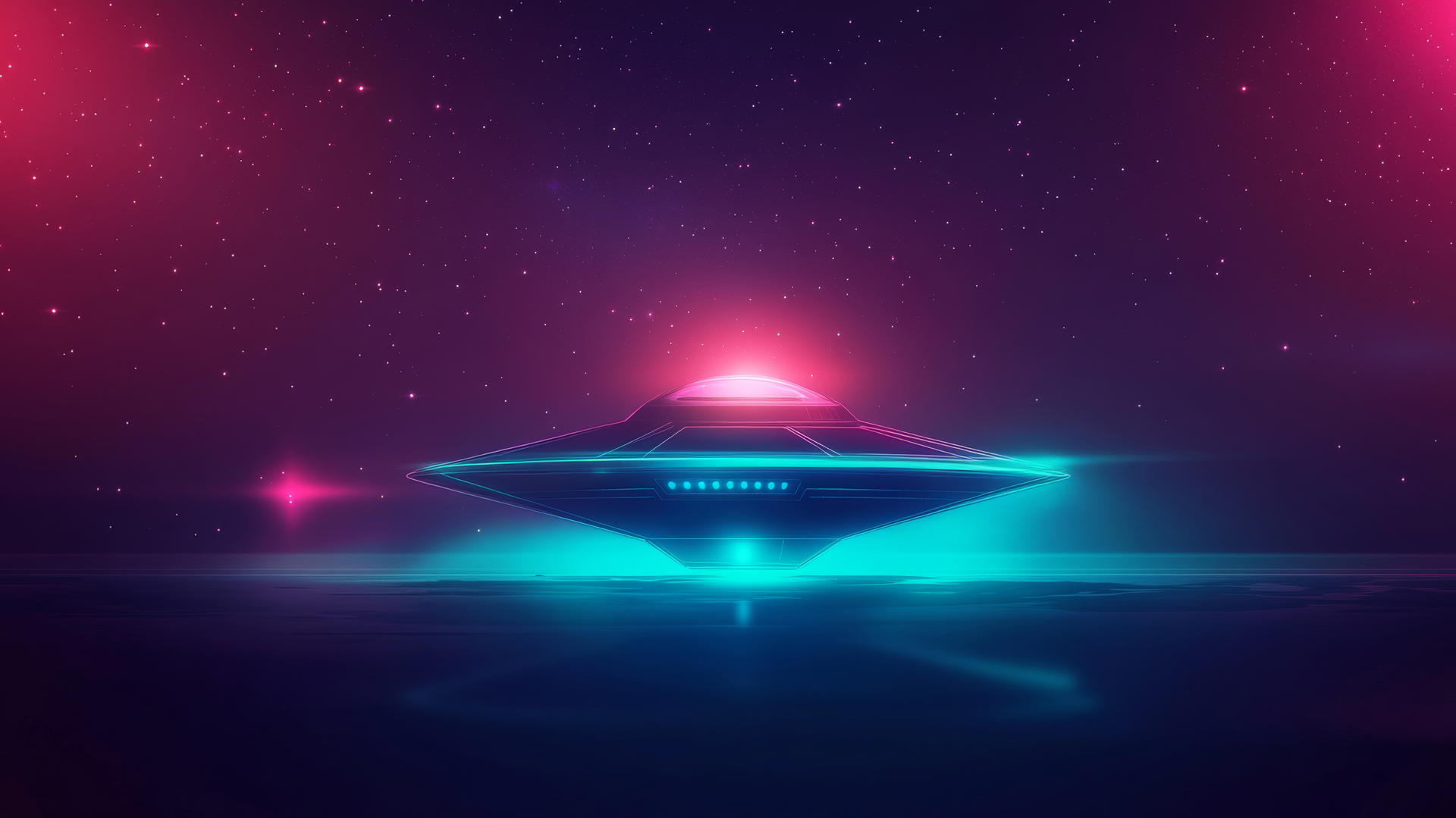 Outline of a glowing spaceship landing on flat alien surface with neon highlights and softly glowing stars