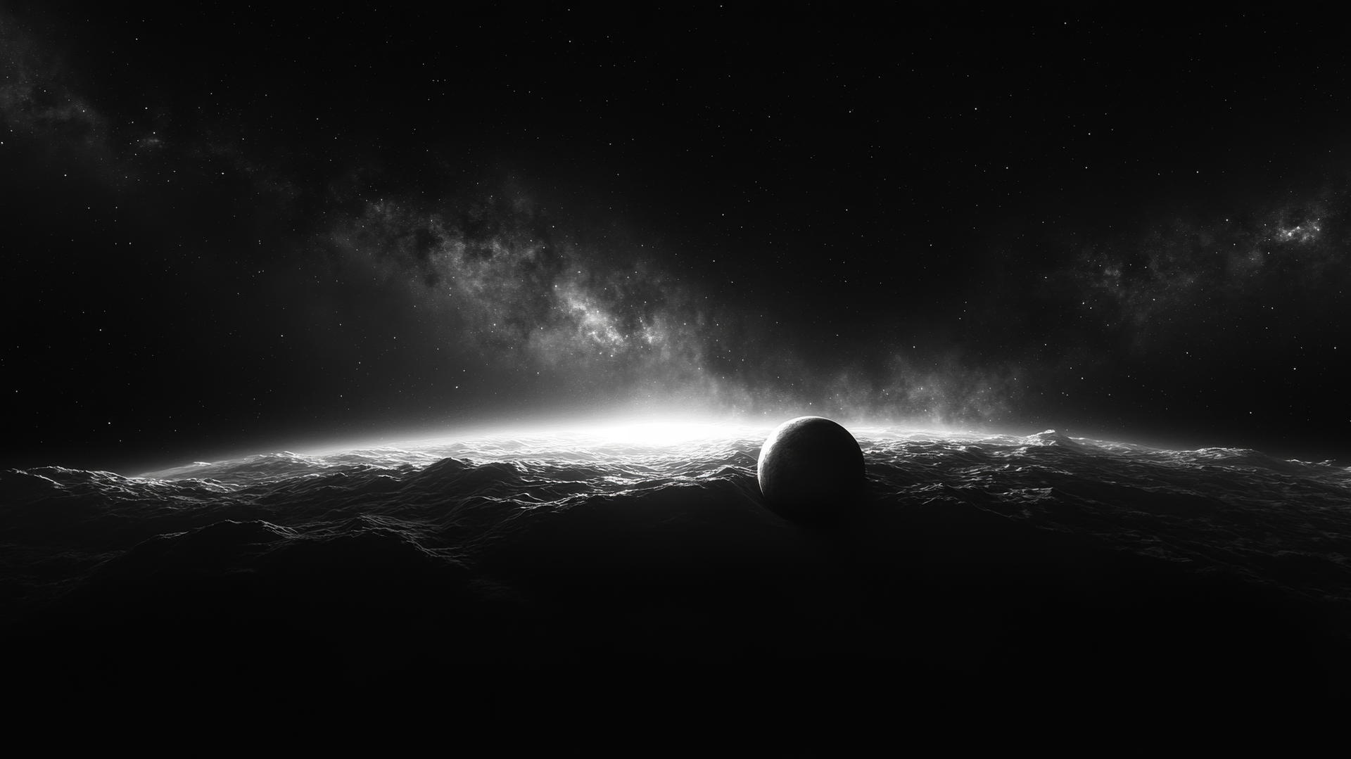 Glowing star cluster and illuminated planet against a black sky