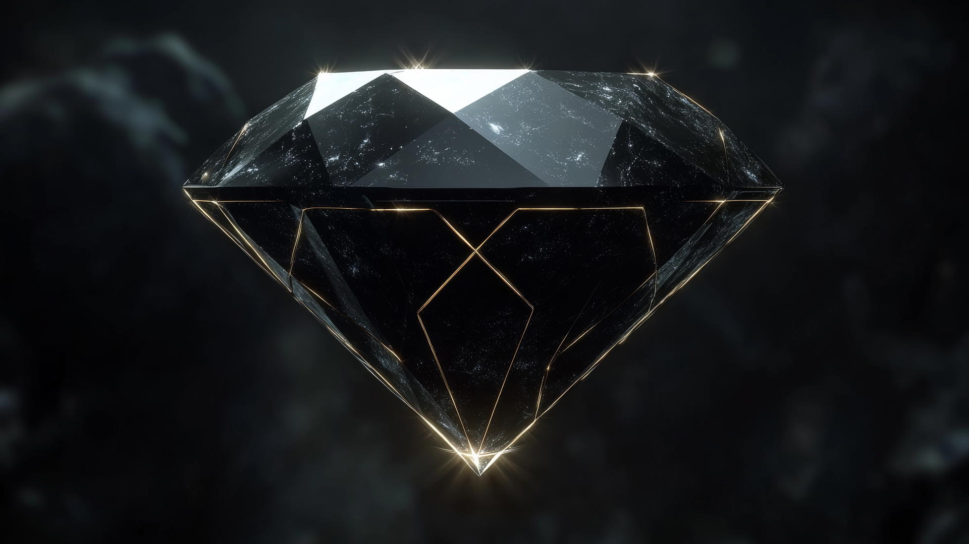 Glowing black diamond hovering in space with neon outlines on a black background