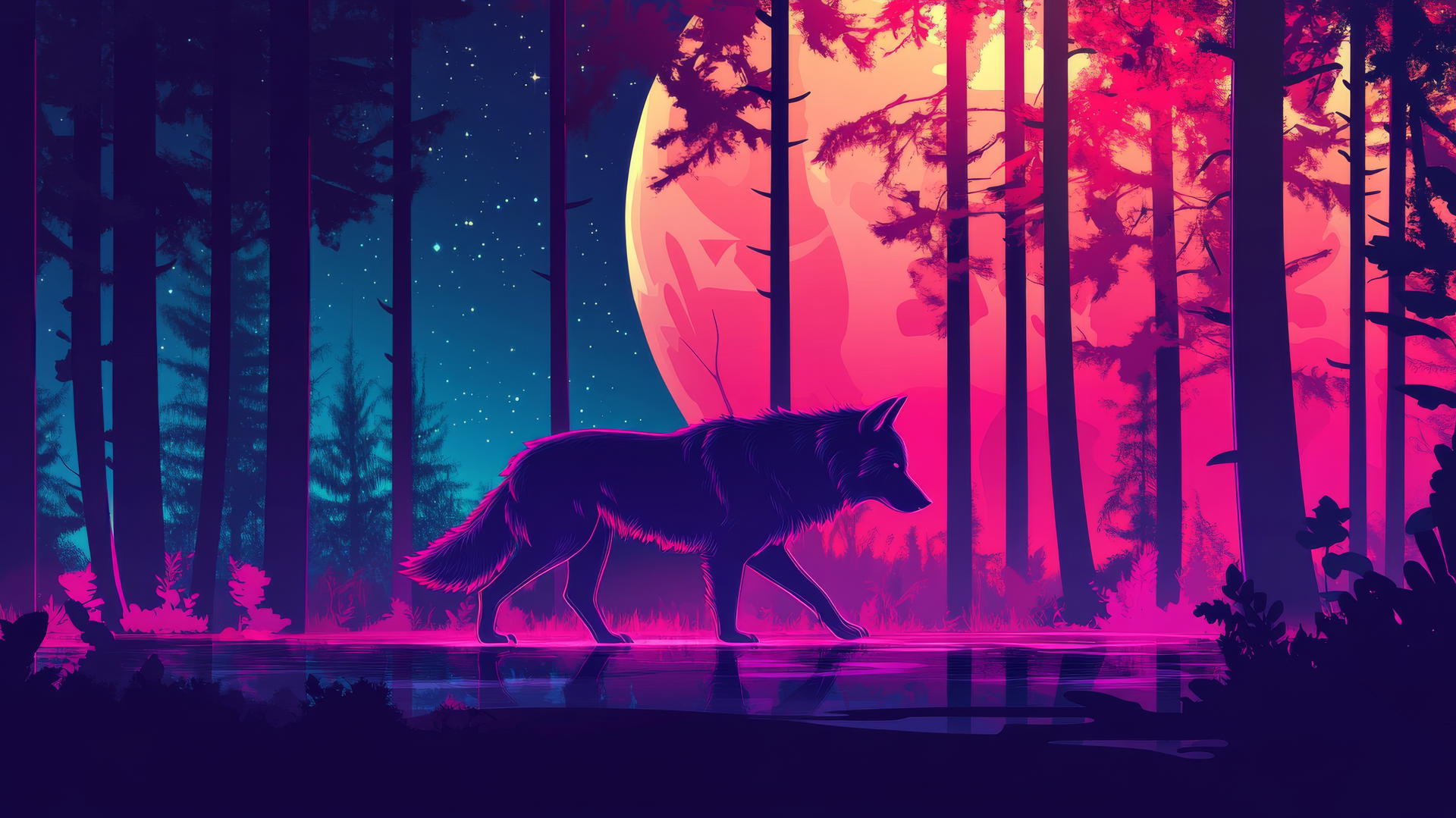 Lone wolf walking through a glowing neon-accented forest with full moon