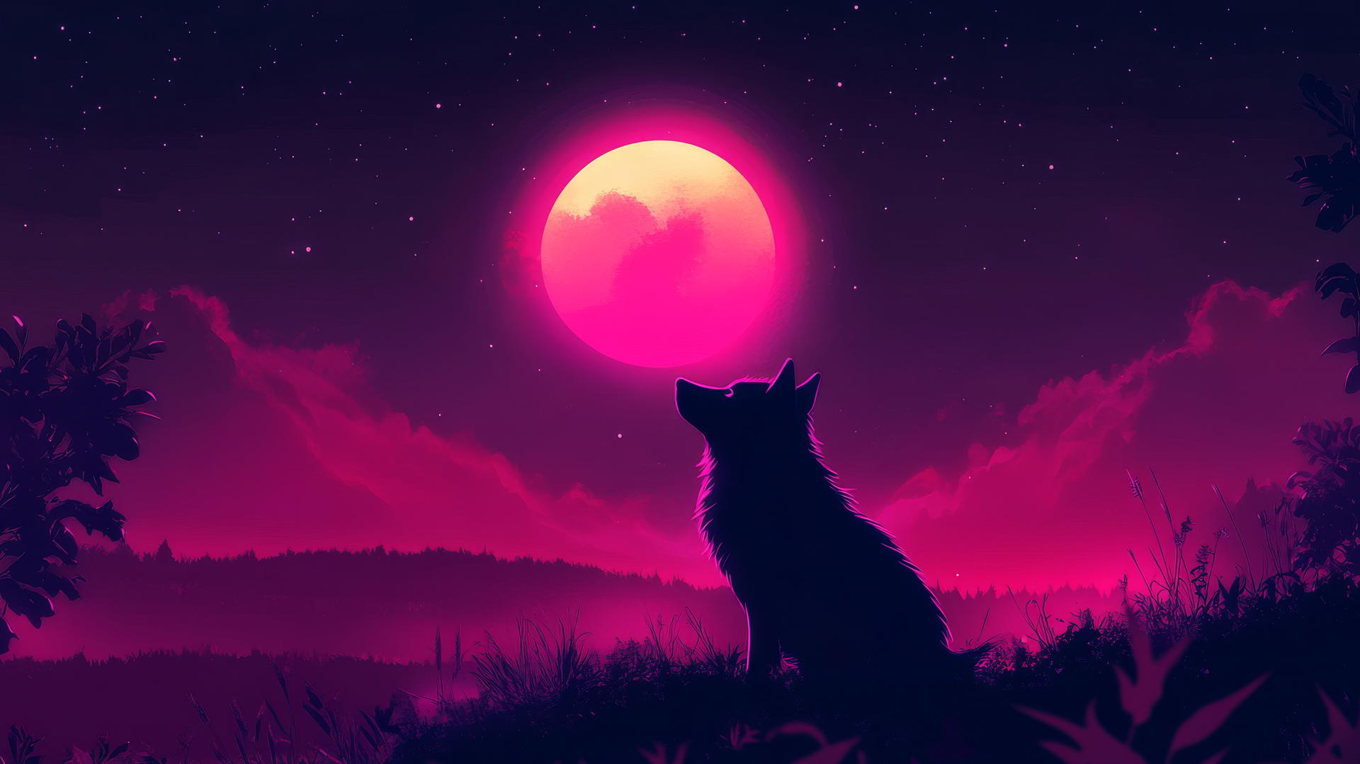 Silhouette of wolf gazing at glowing full moon, neon landscape, twinkling stars