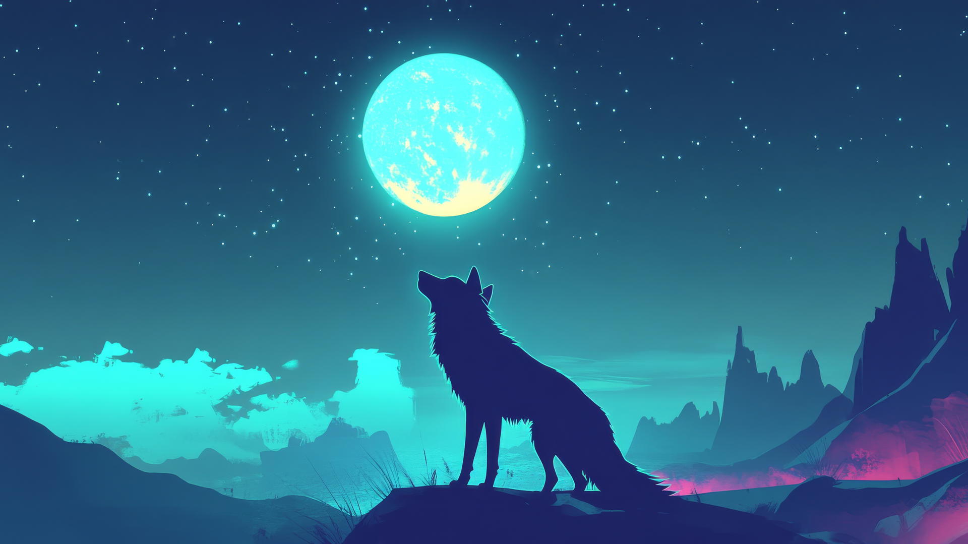 Silhouette of wolf gazing at glowing full moon with neon landscape accents