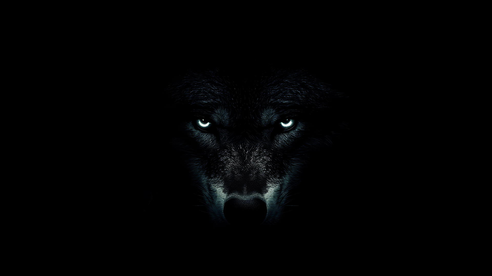 Minimalist wolf face with glowing eyes in darkness