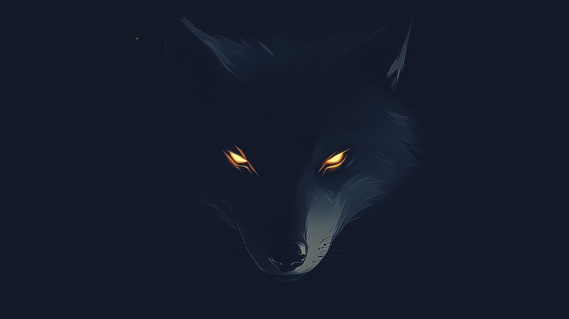 Minimalist depiction of a wolf's face with glowing eyes and sharp fur highlights.
