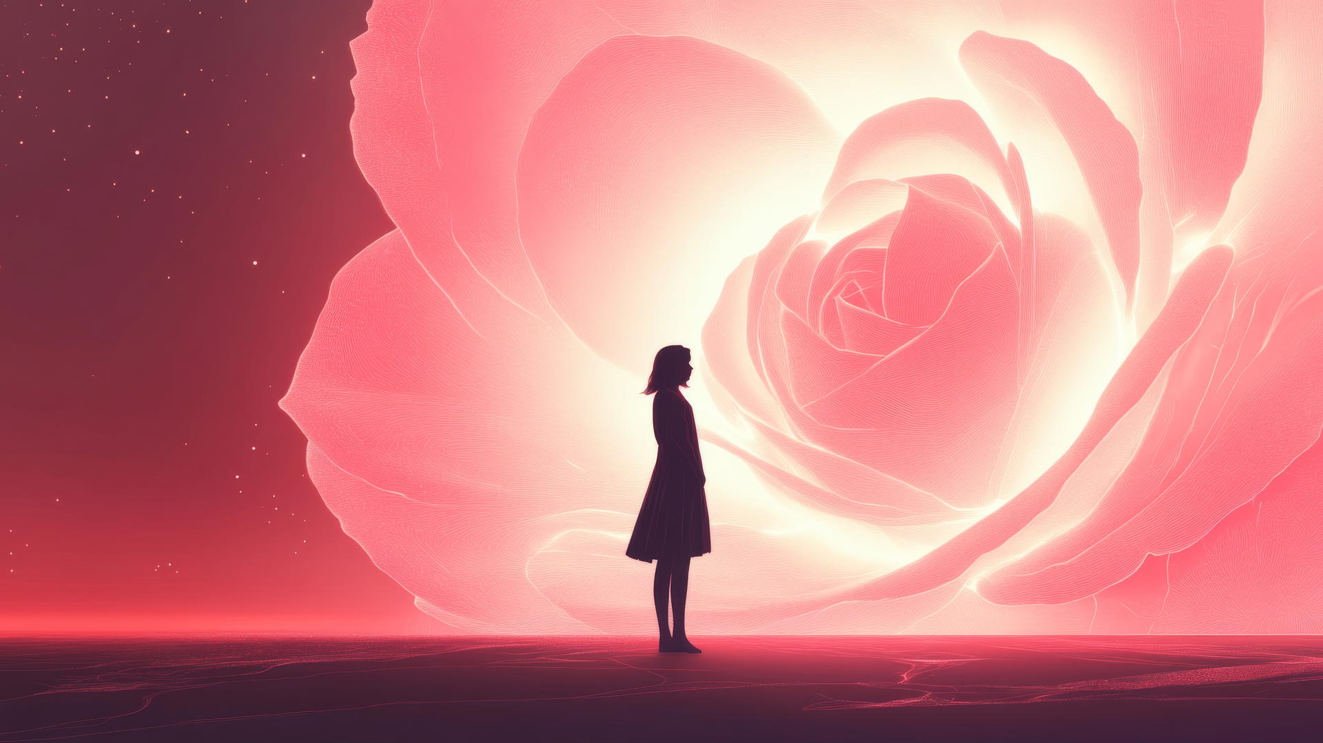 Girl in front of giant glowing rose with outline and soft pink tones