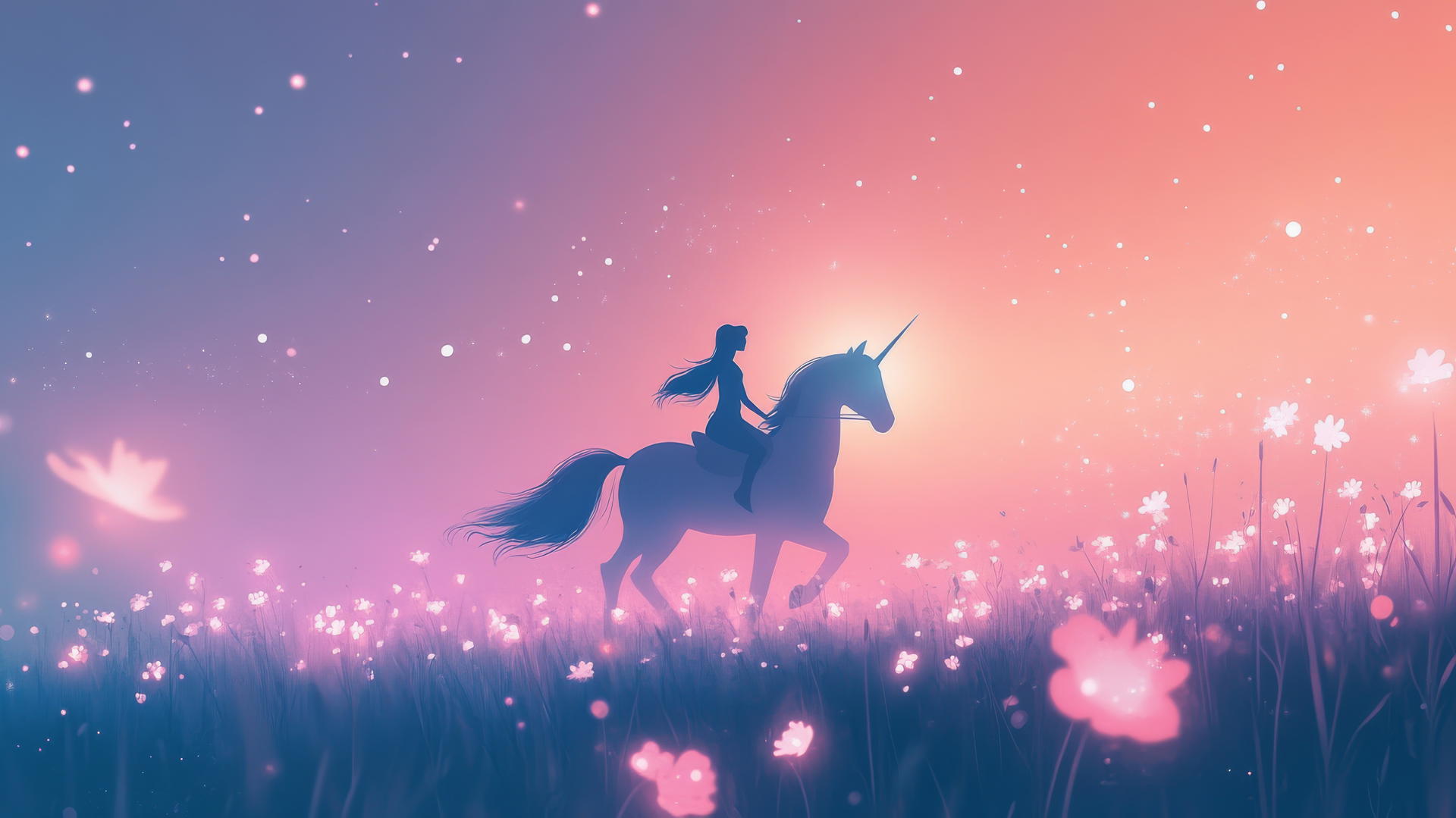 Girl on a glowing unicorn in a flat flower field with a pastel gradient background.