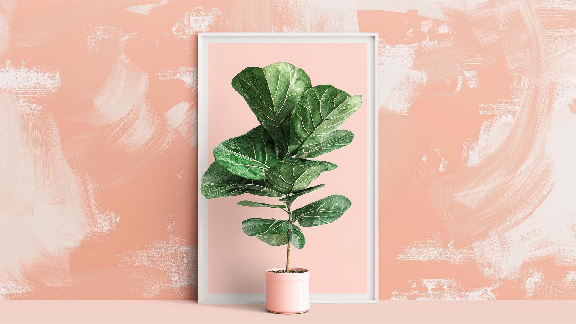 Boho-style Fiddle-leaf Fig plant graphic print in a light pink pot.