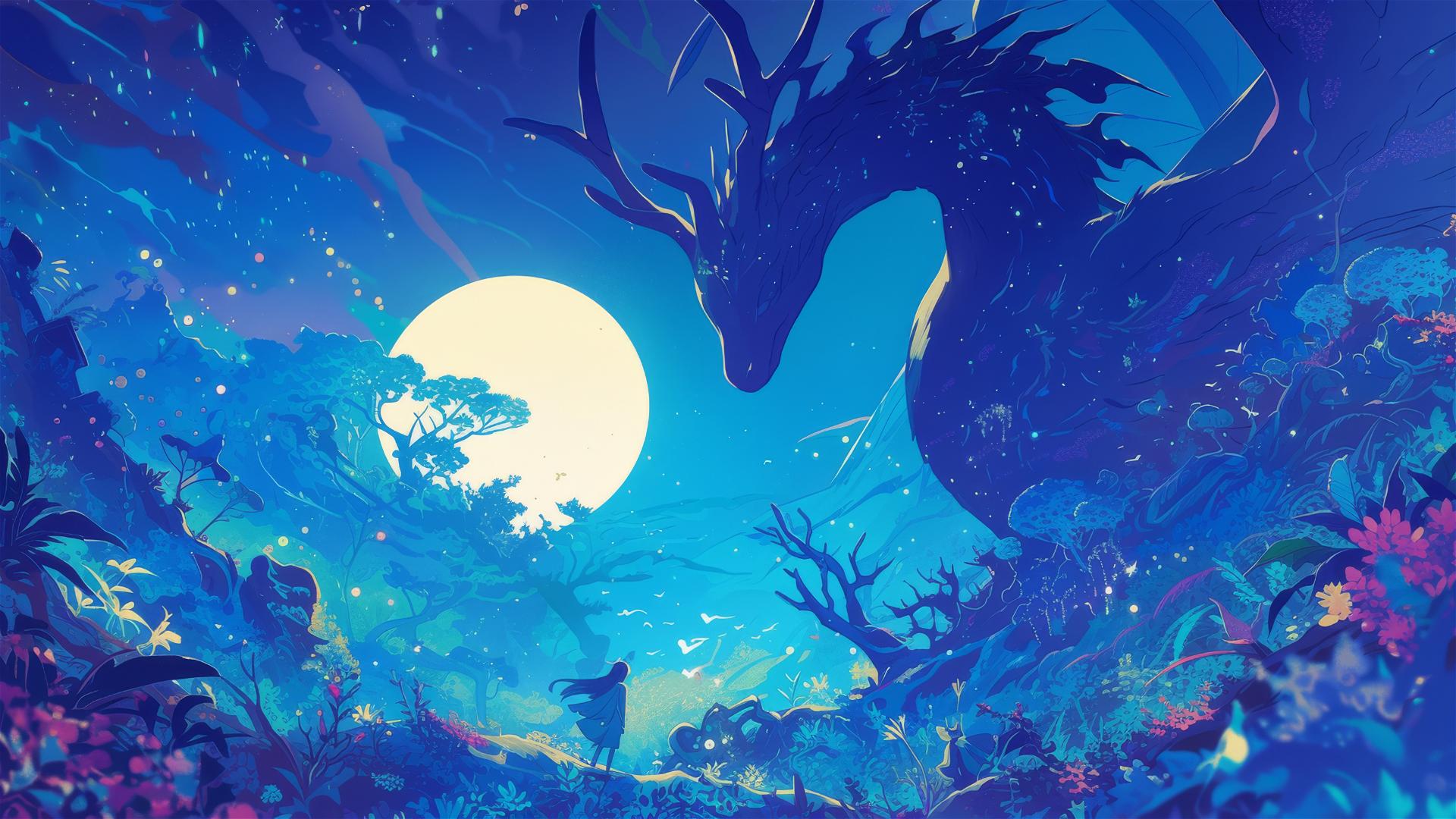 Ghibli-style nightscape with glowing moon and mystical forest creatures.