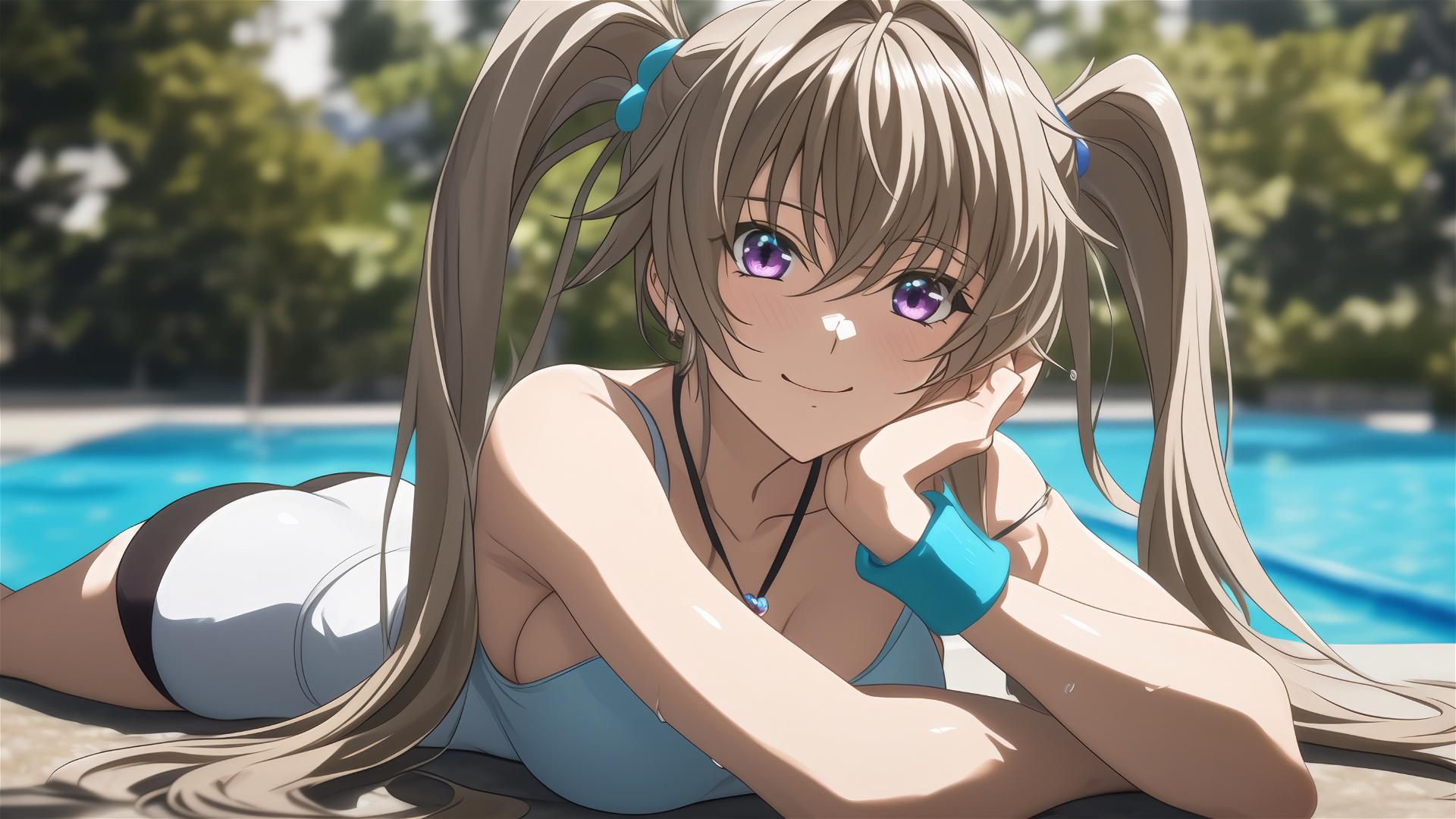 Irina Shidou by poolside under moonlight with violet eyes and chestnut twintails