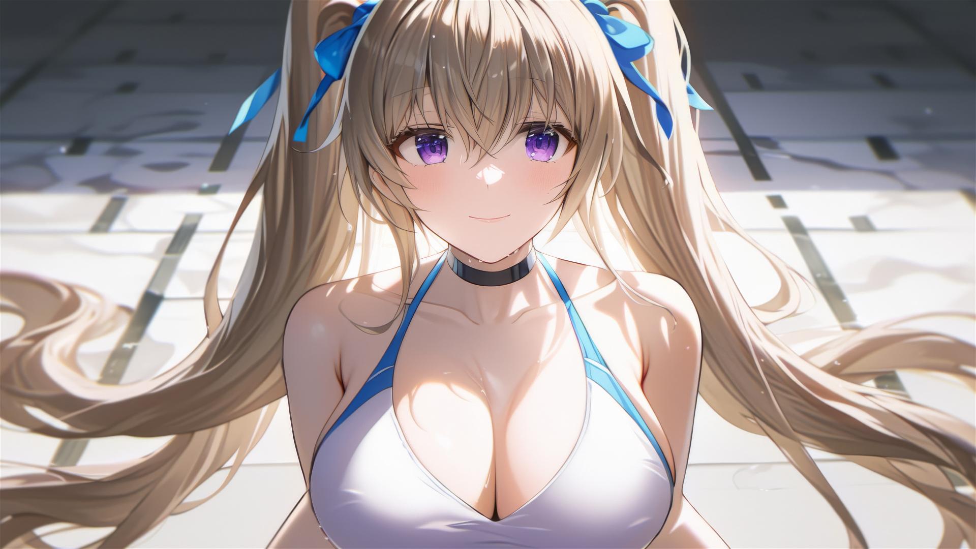 Irina Shidou from High School DxD by the pool under moonlight, violet eyes, blue scrunchy in twintails