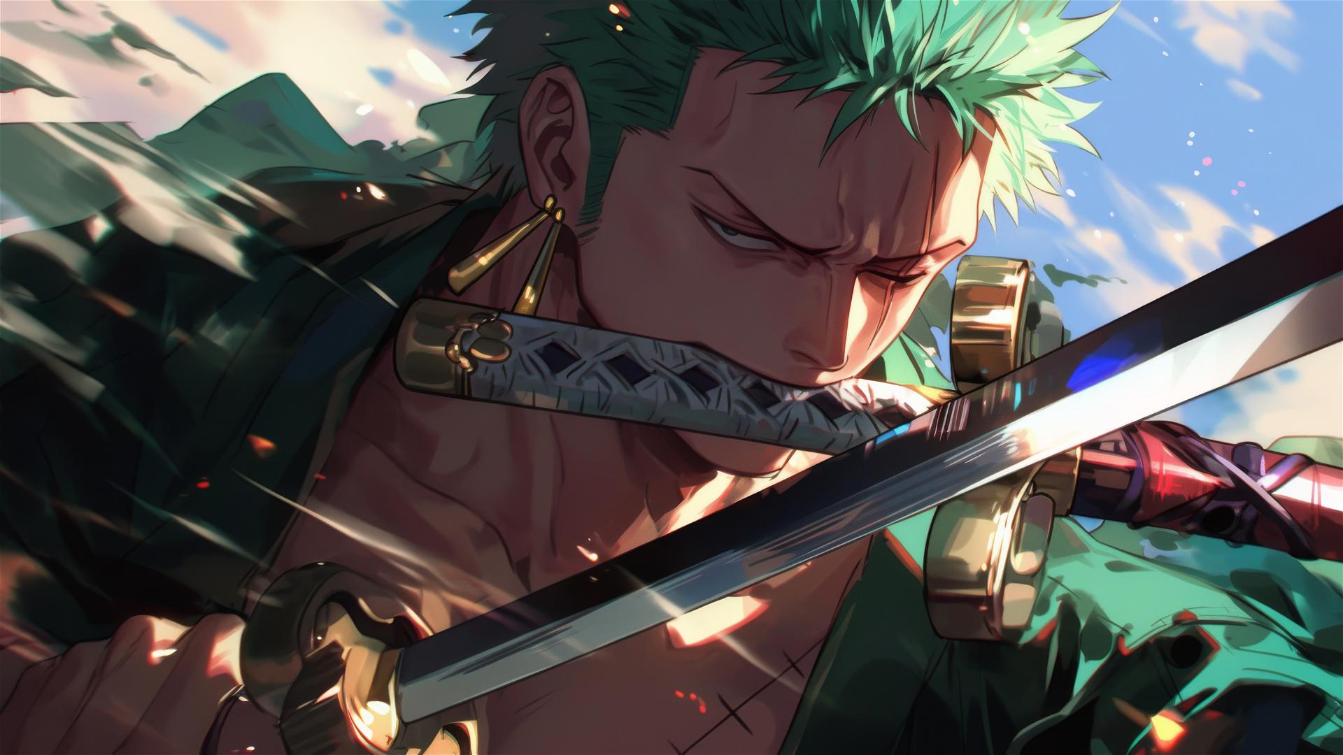 Roronoa Zoro from One Piece posing with swords