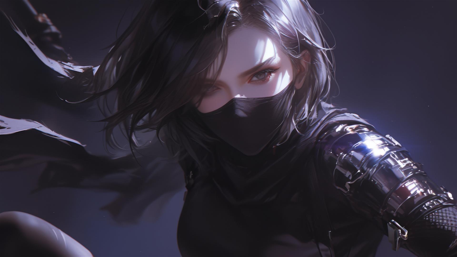 Ninja girl with short hair and dark mask in a dynamic pose with thigh focus under a spotlight