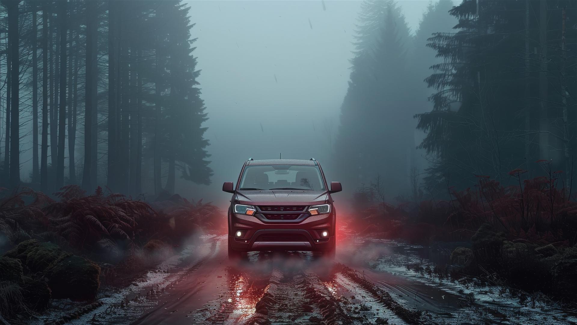 Photorealistic closeup of a Dodge Journey in dim, foggy, gothic setting