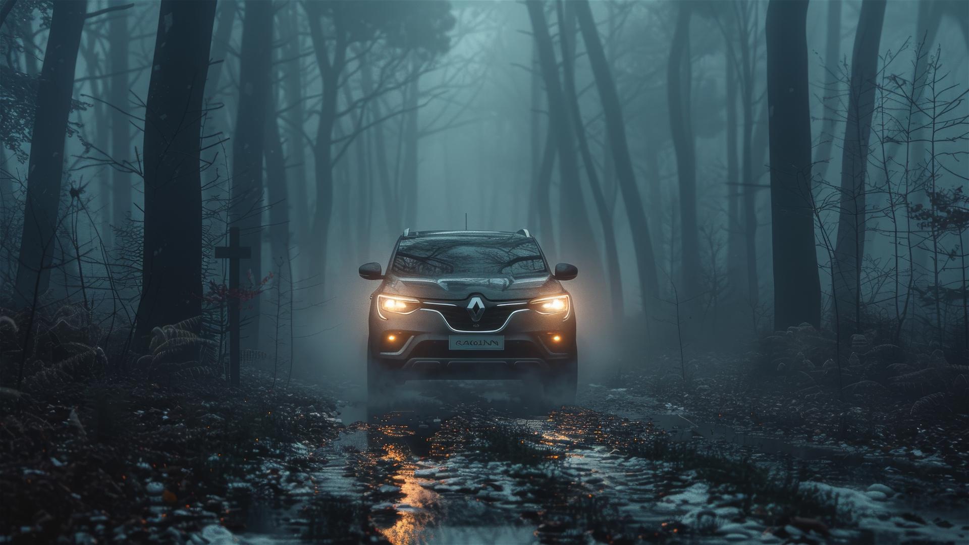 Renault Kadjar in dim gothic lighting with a foggy atmosphere