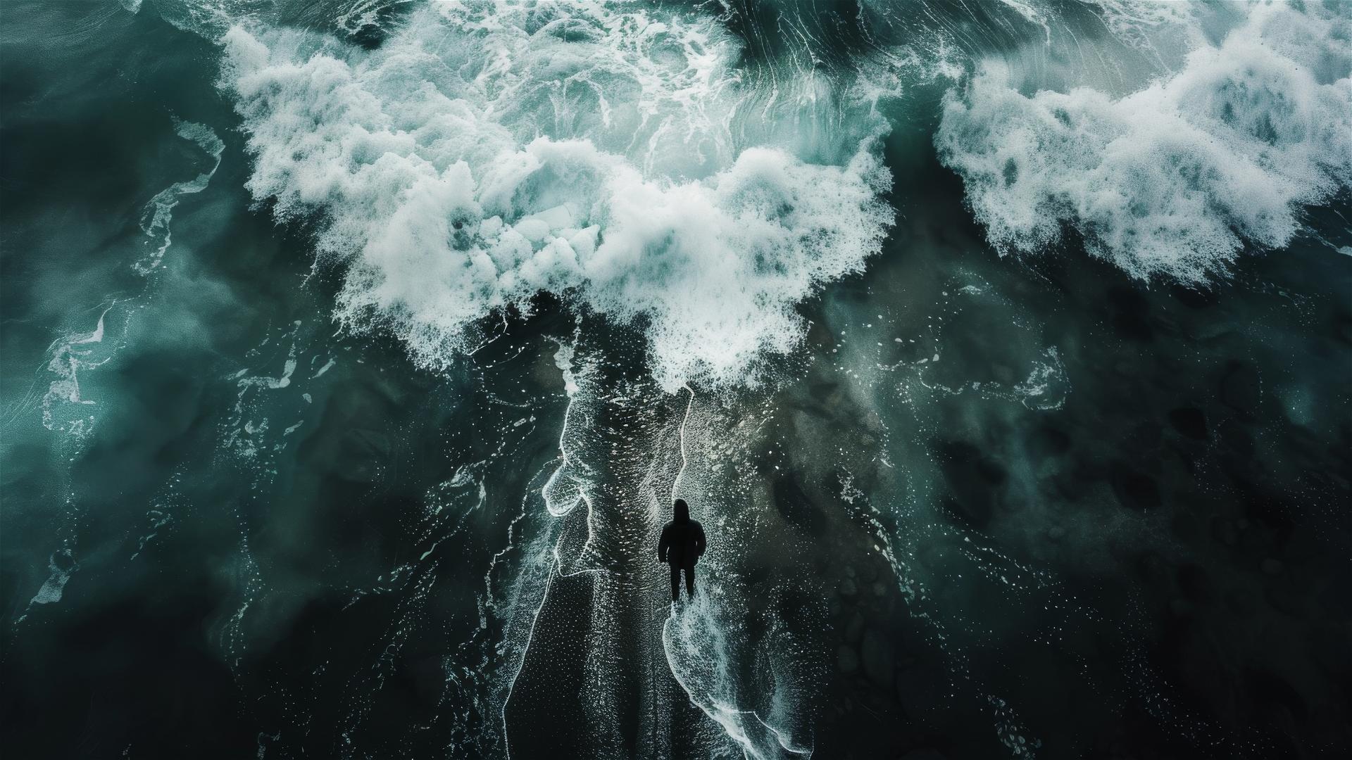 Aerial view of unknown Antarctica with a solitary dark figure on the ground, evoking feelings of loneliness and quietness