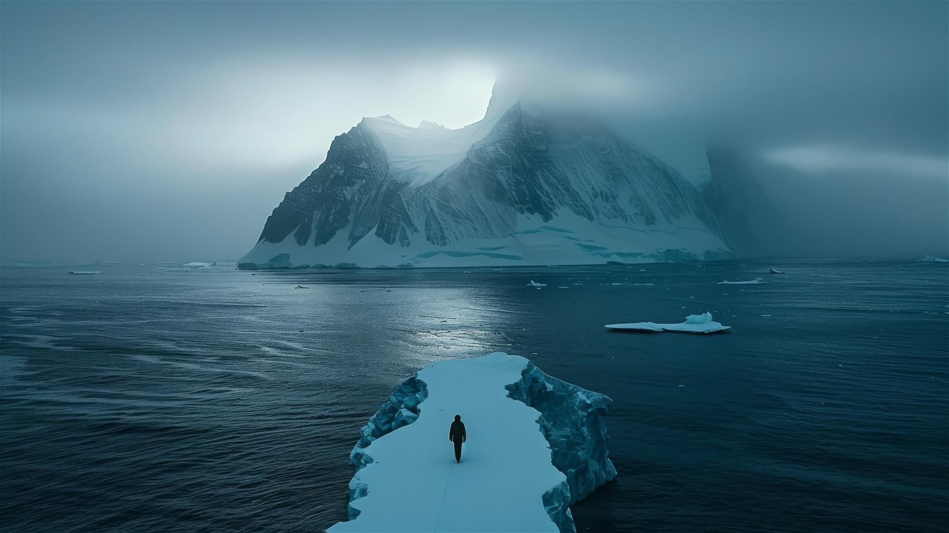 Dark figure on Antarctic ground seen from above
