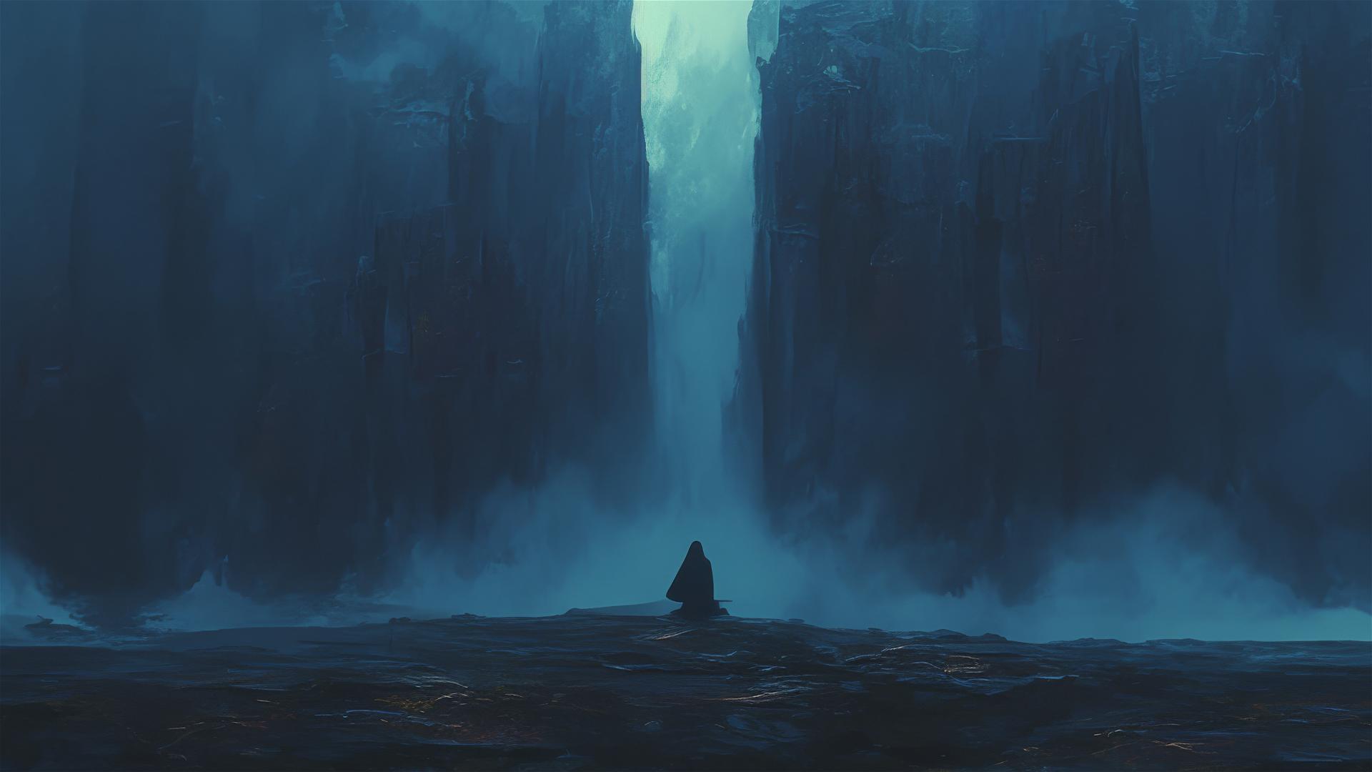 Minimalist image of a deep black waterfall plunging into an unseen abyss