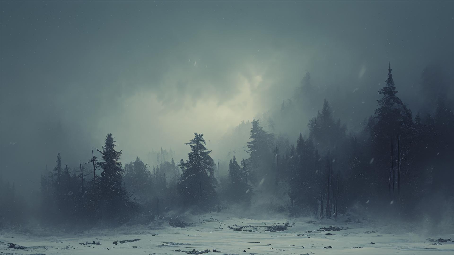 Aesthetic dark winter landscape with snow-covered black pines under a charcoal grey sky, silent and brooding