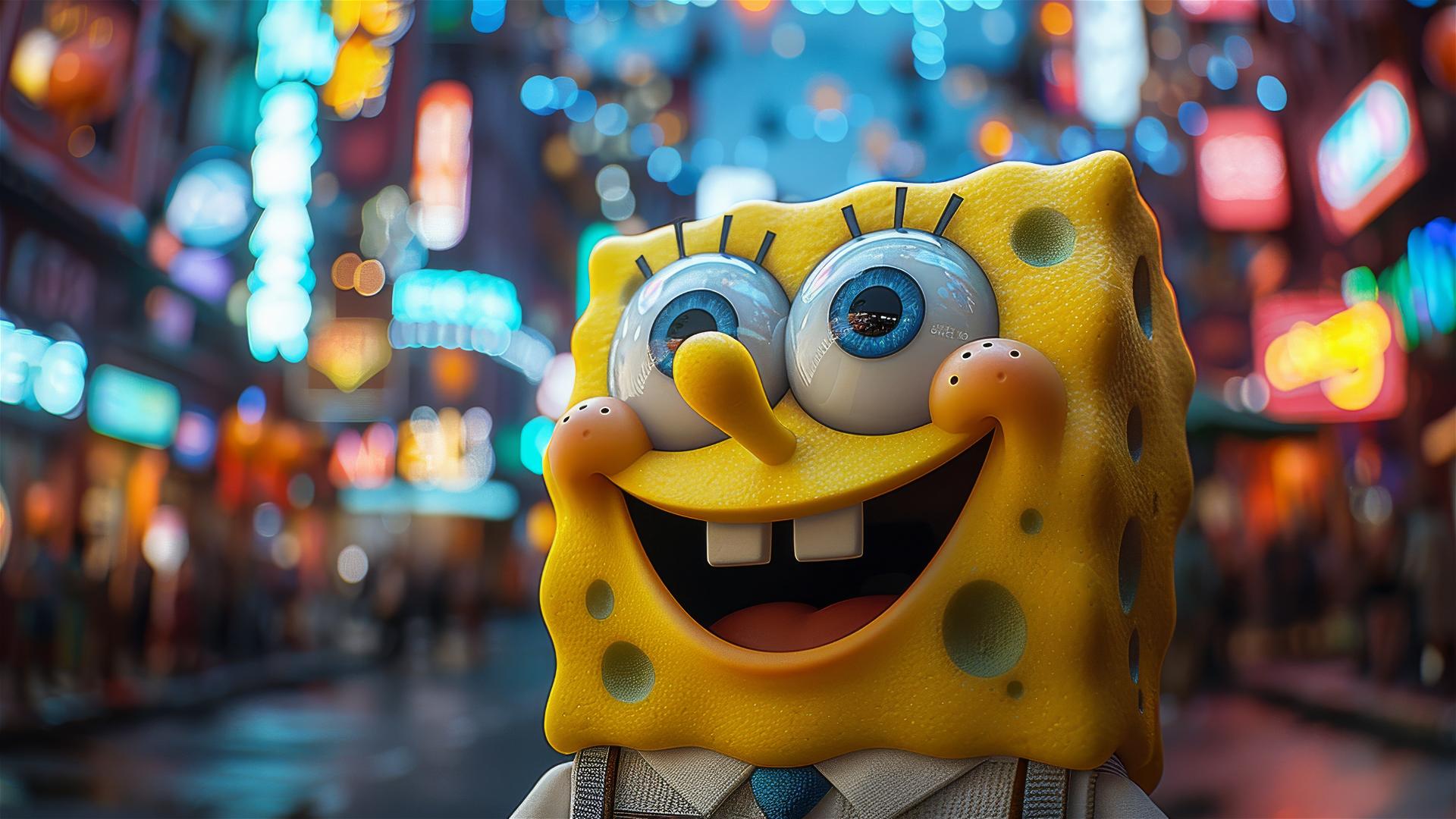 SpongeBob looking up at the Milky Way with Afrofuture gradients