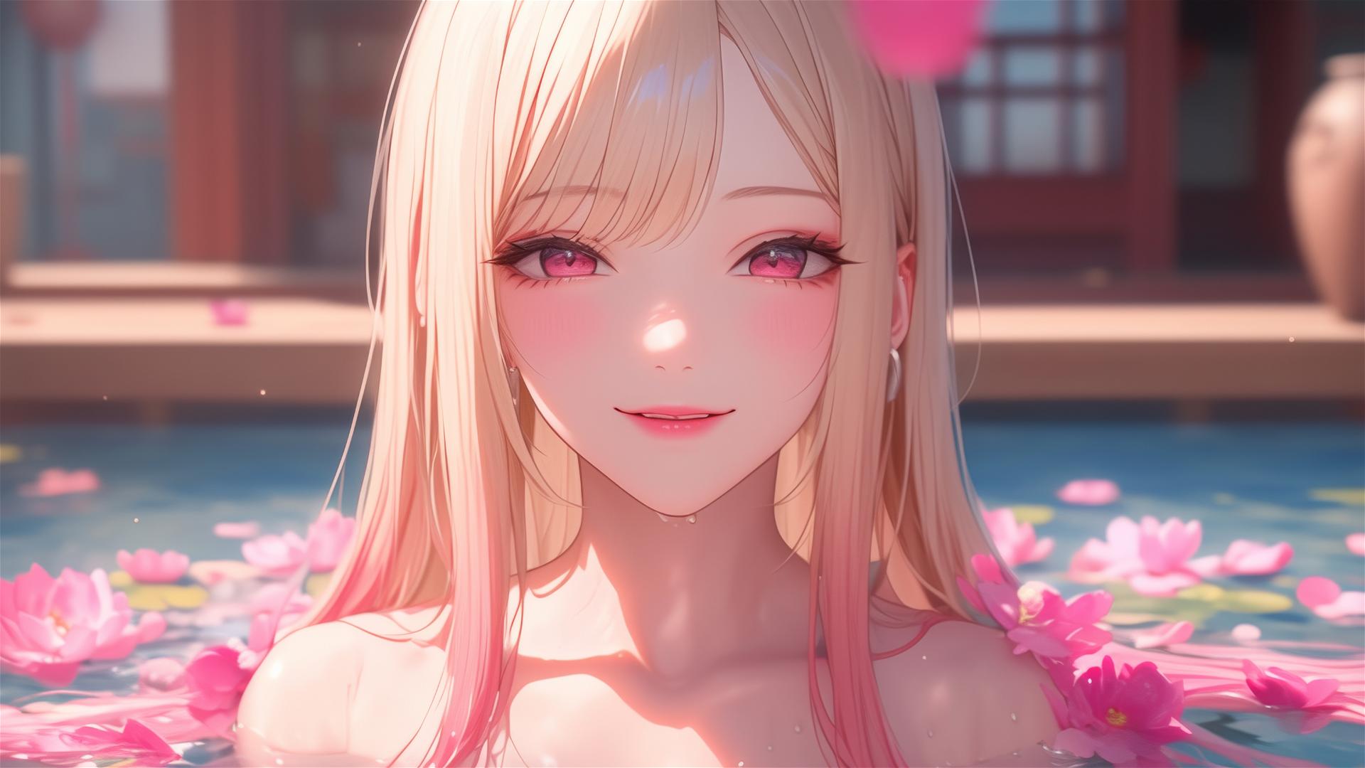 Marin Kitagawa with silky blonde hair tipped with pinkish-red or citrus orange in a tub full of flowers at a Chinese spa, pinkish eyes.