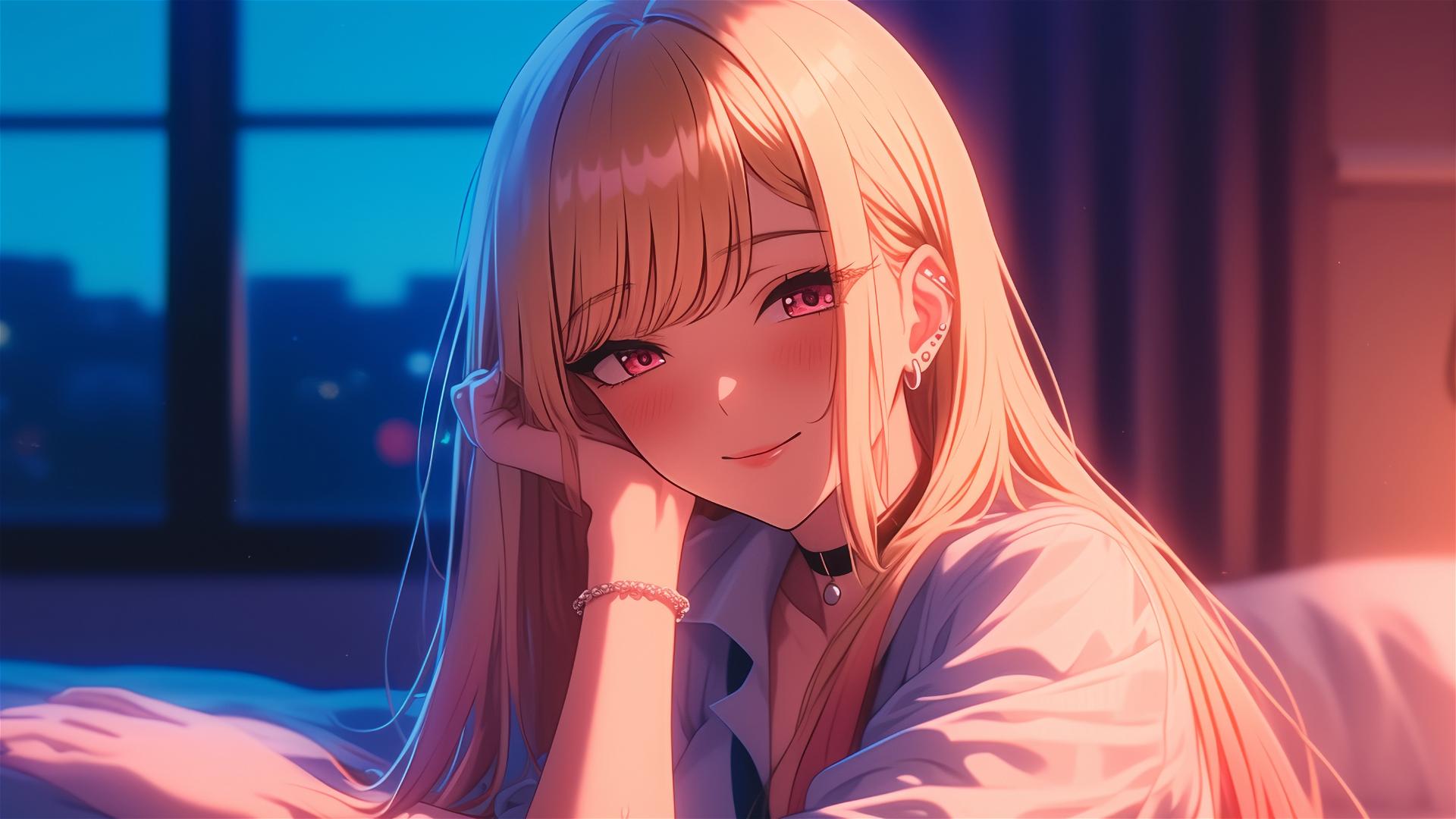 Marin Kitagawa sitting on a hotel bed under moonlight