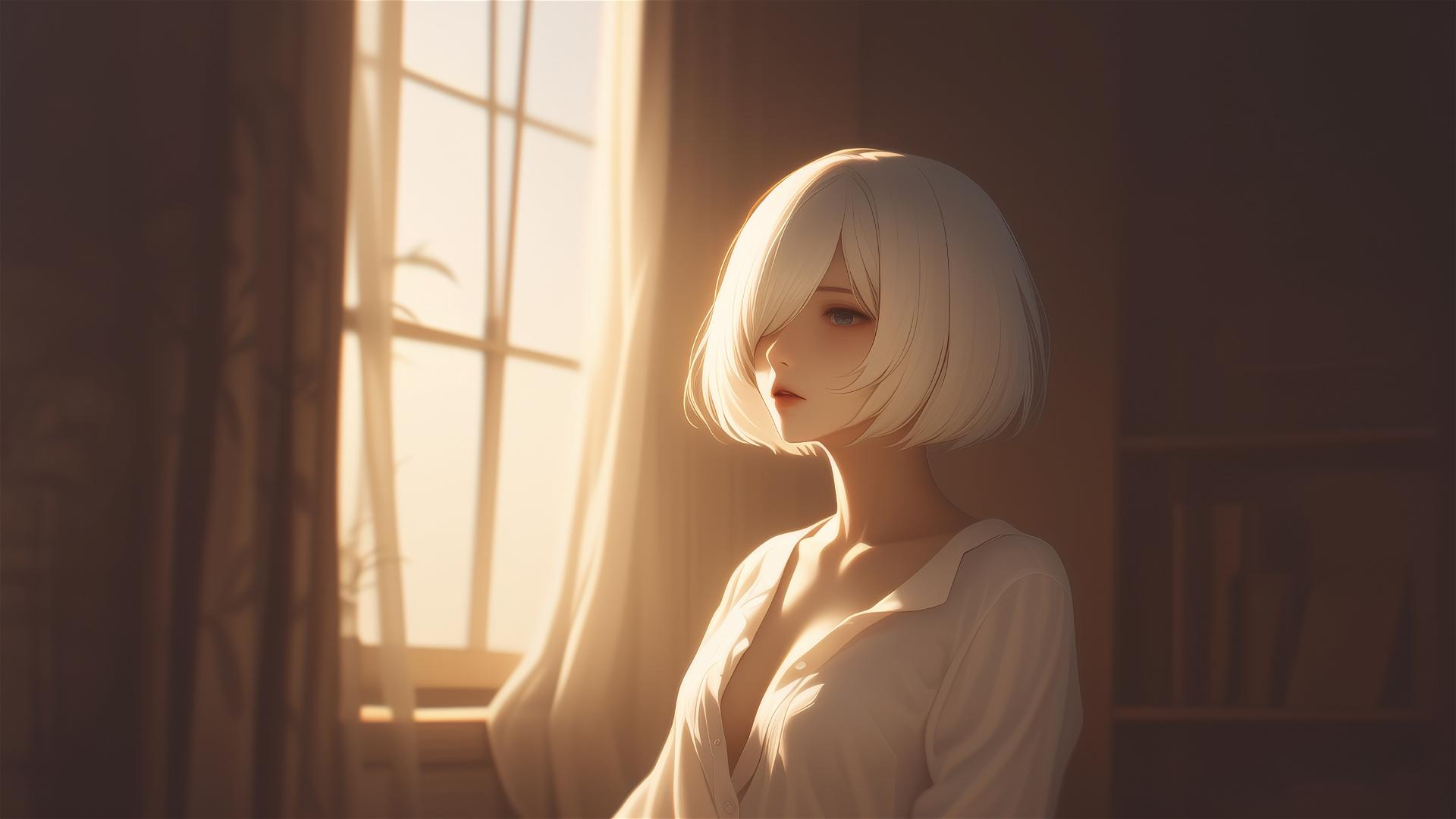 2B from Nier in white silk pajamas by a window at sunrise