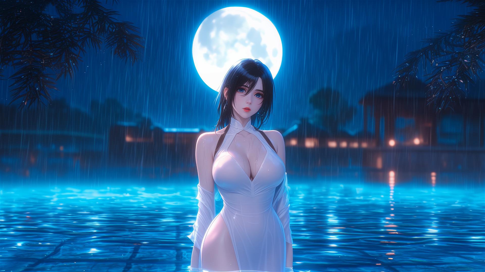 Mikasa Ackerman stands in a rainy pool, moonlight glowing on her white dress.