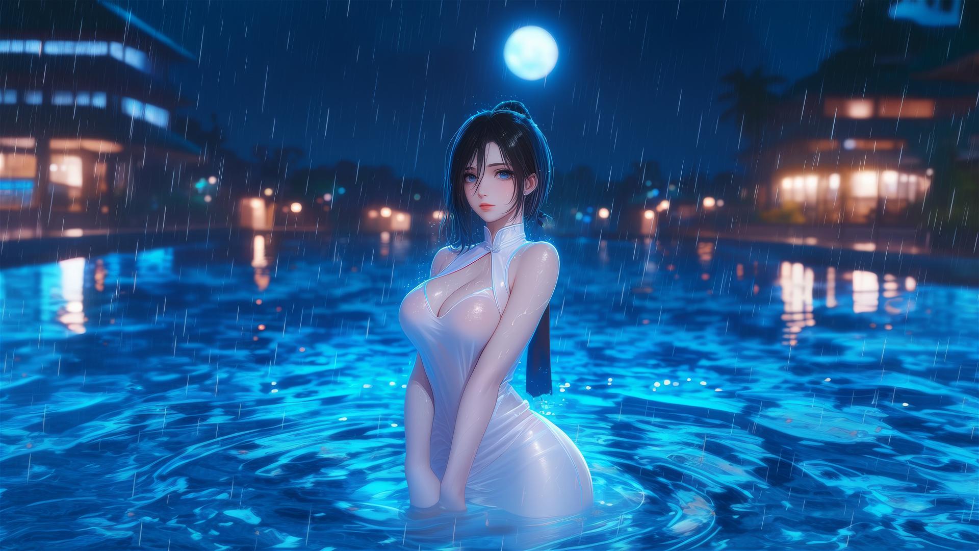 Mikasa Ackerman in a pink dress standing in a rainy swimming pool at night