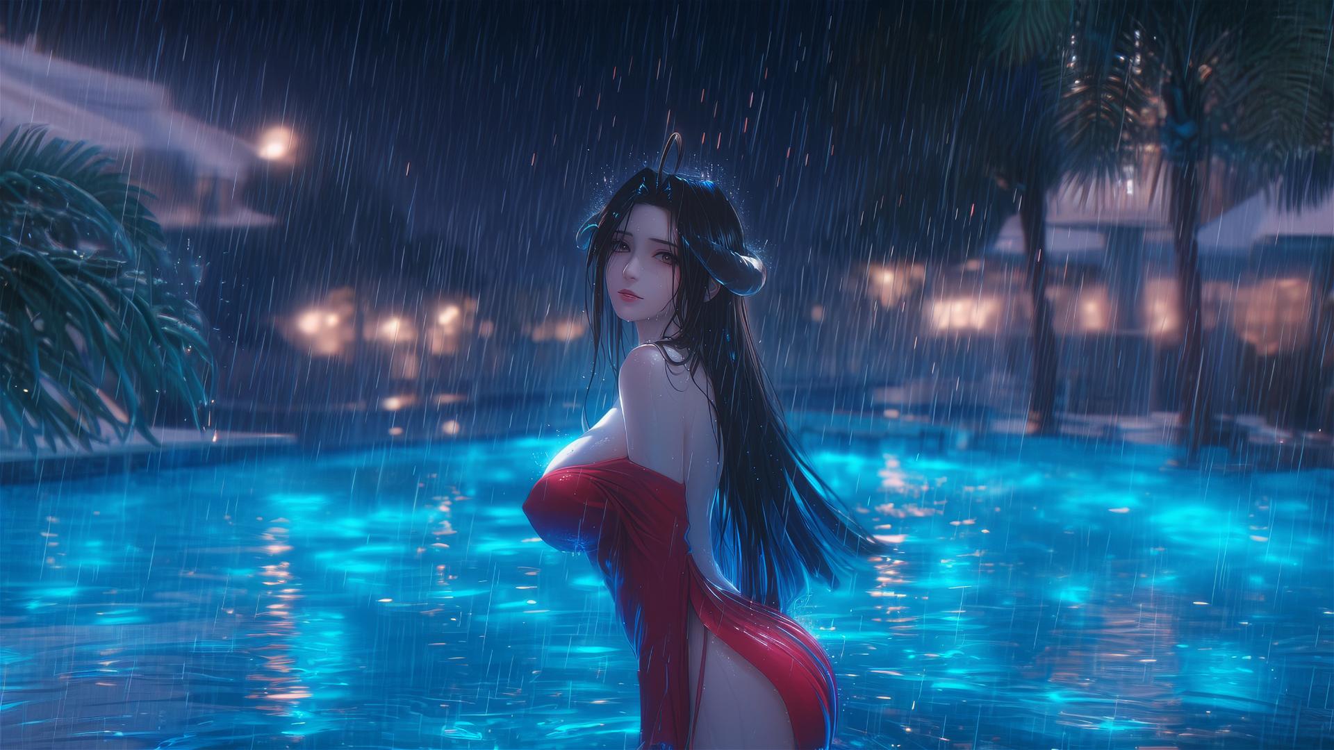 Albedo from Overlord standing in a rainy swimming pool with moonlight glow.
