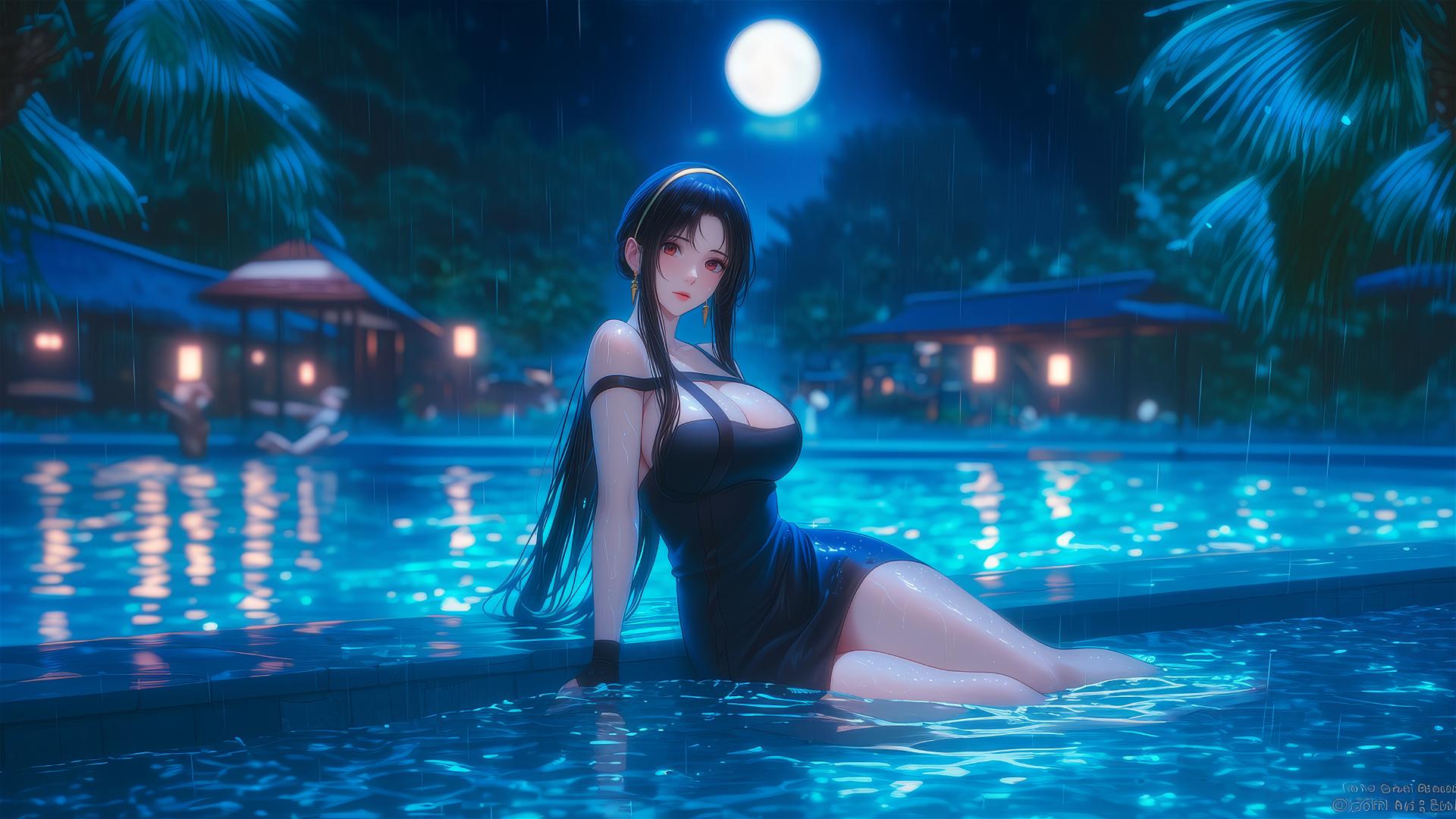 Yor Forger resting by a rainy pool with moonlight and wearing only a kitchen apron