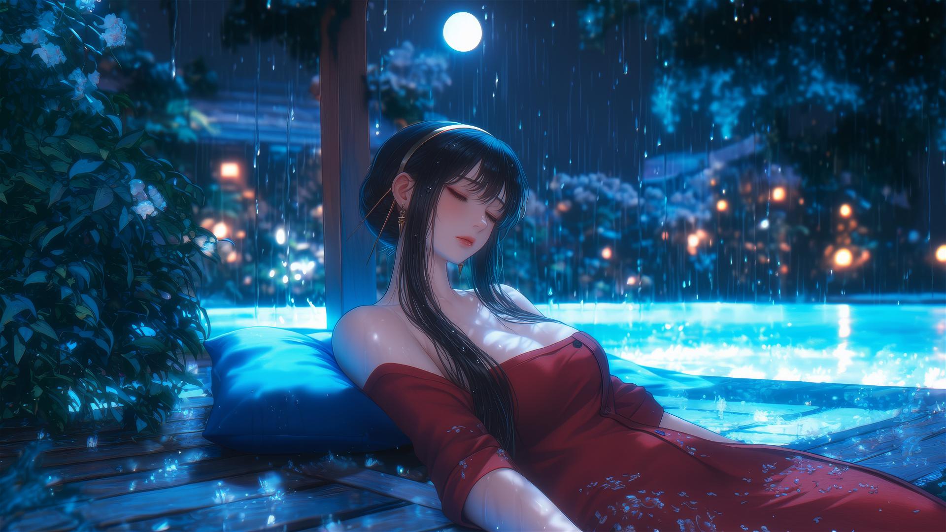 Yor Forger resting by a rainy pool under moonlight in red pajamas