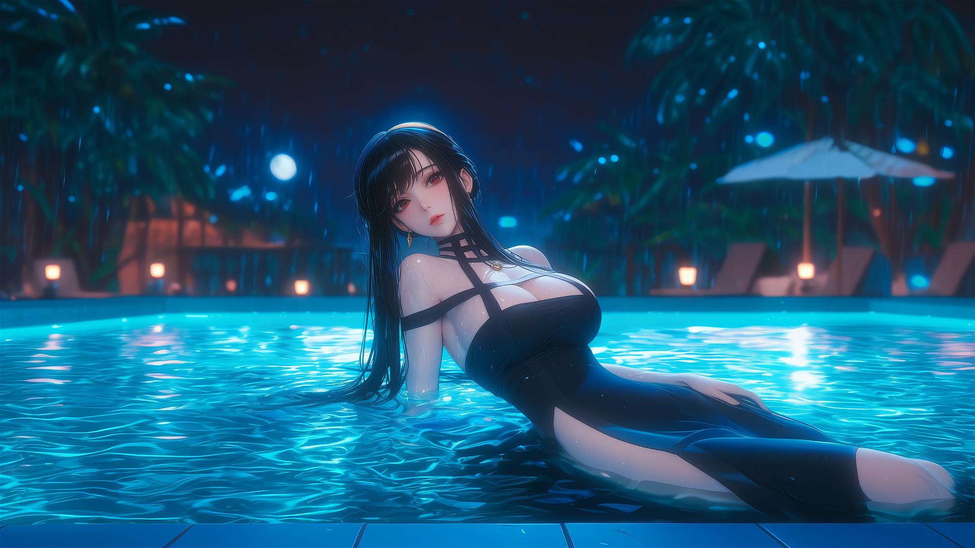 Yor Forger resting by the pool under moonlight