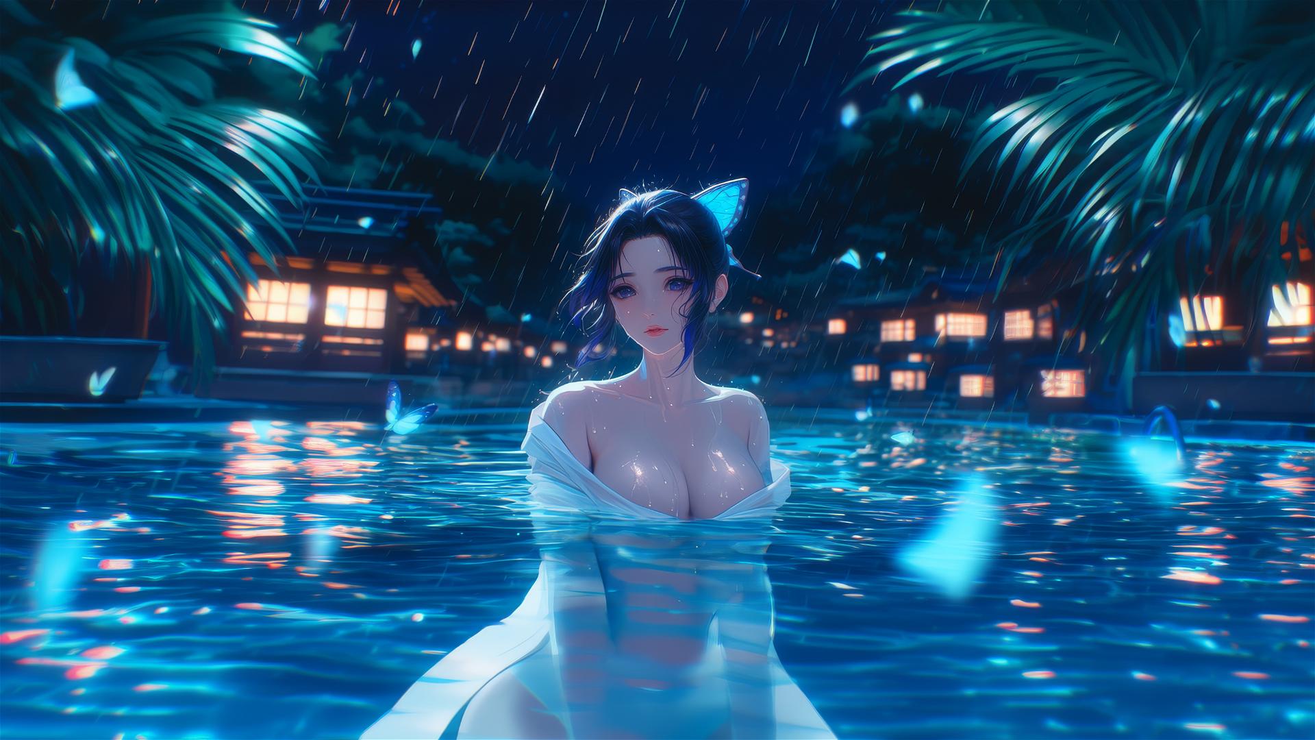 Shinobu Kocho standing in the rainy swimming pool under moonlight