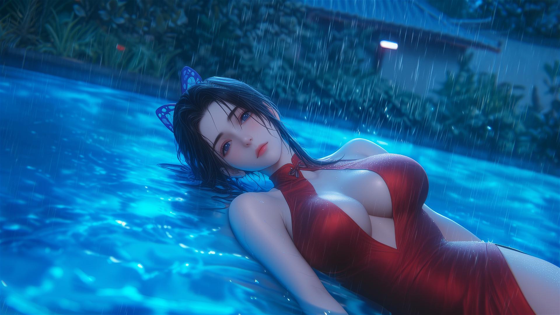 Shinobu Kocho from Demon Slayer by a rainy swimming pool in moonlight wearing a red dress