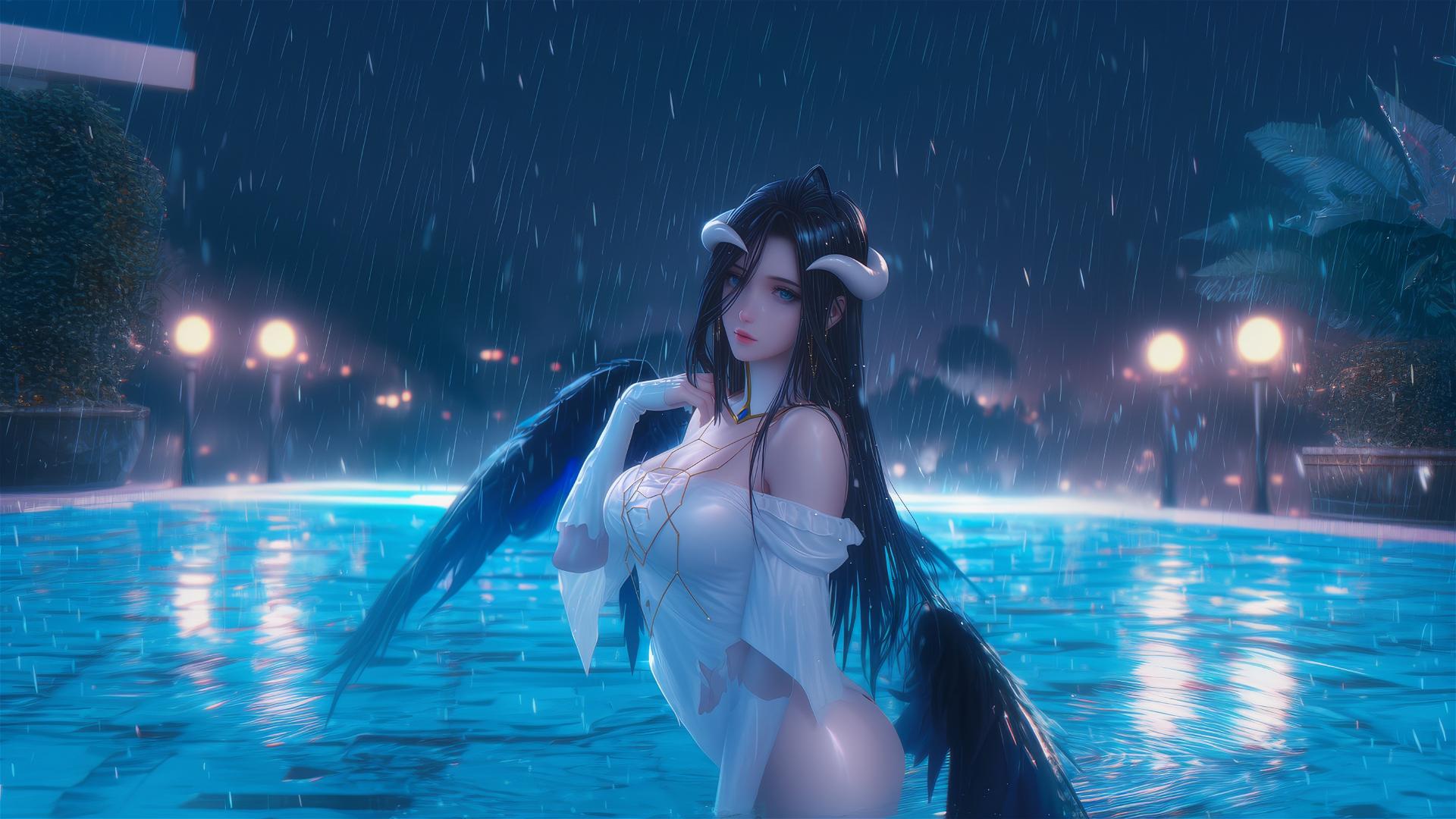 Albedo from Overlord standing in a rainy swimming pool under moonlight