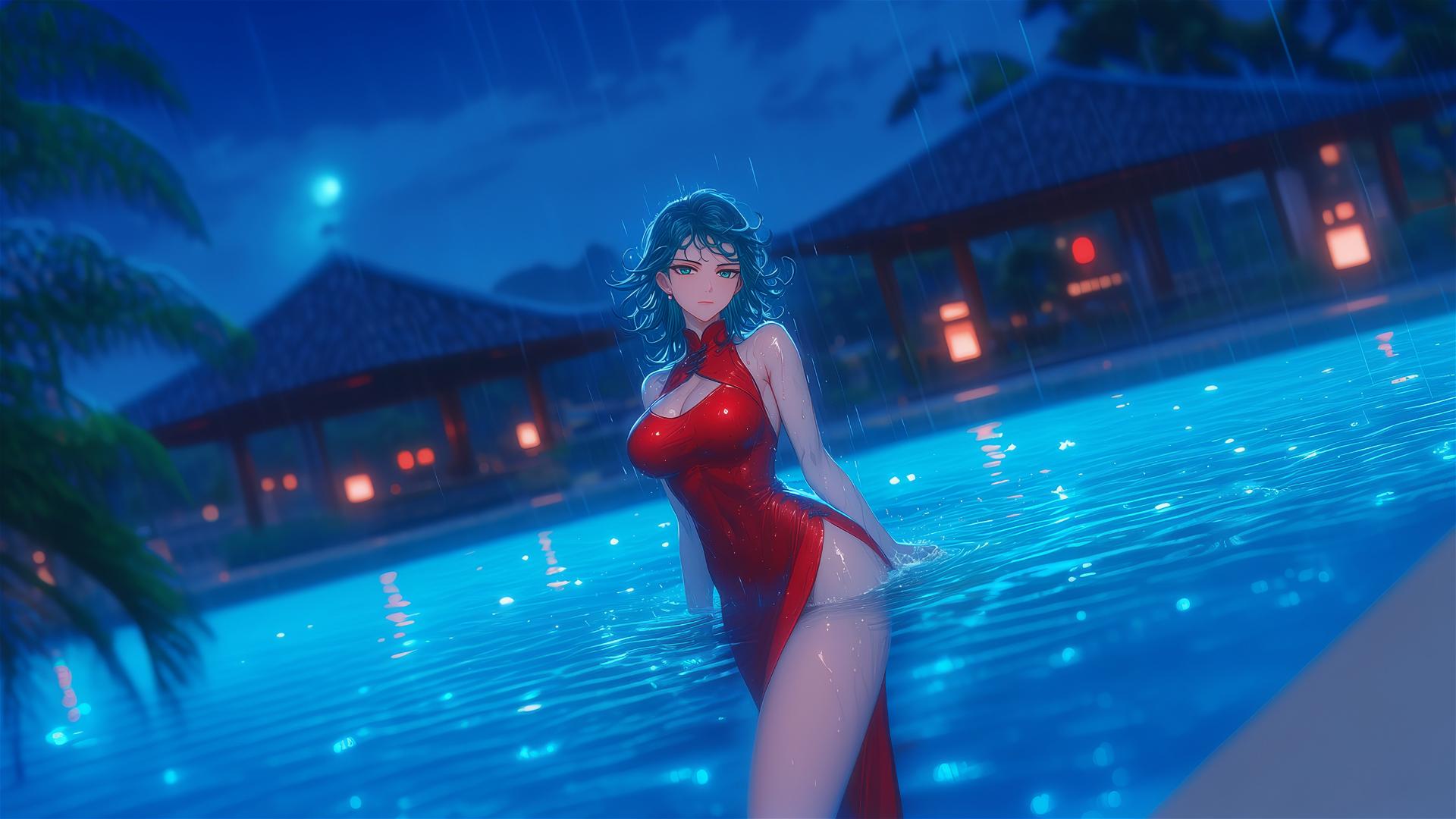 Tatsumaki from One-Punch Man standing in a swimming pool under moonlight in a red dress