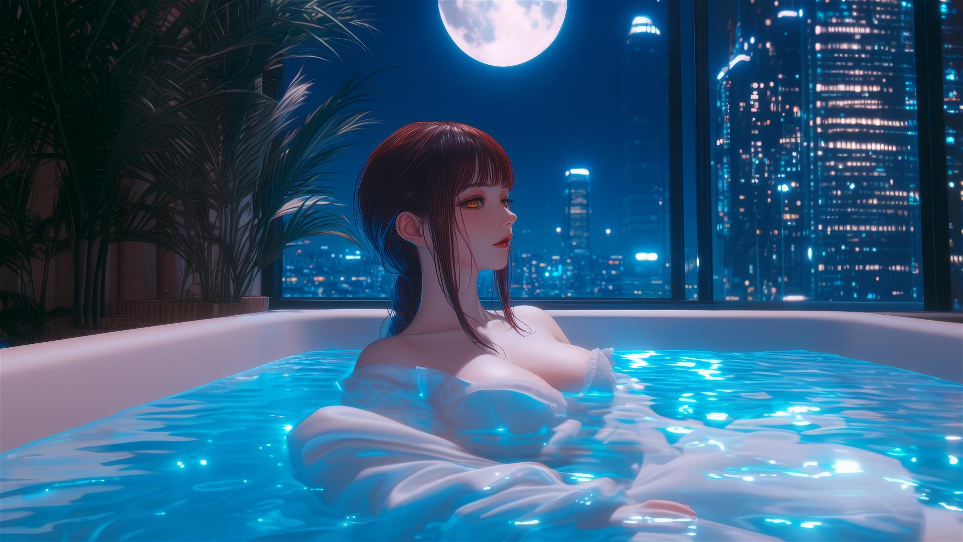 Makima from Chainsaw Man resting in a tub with moonlight glow.