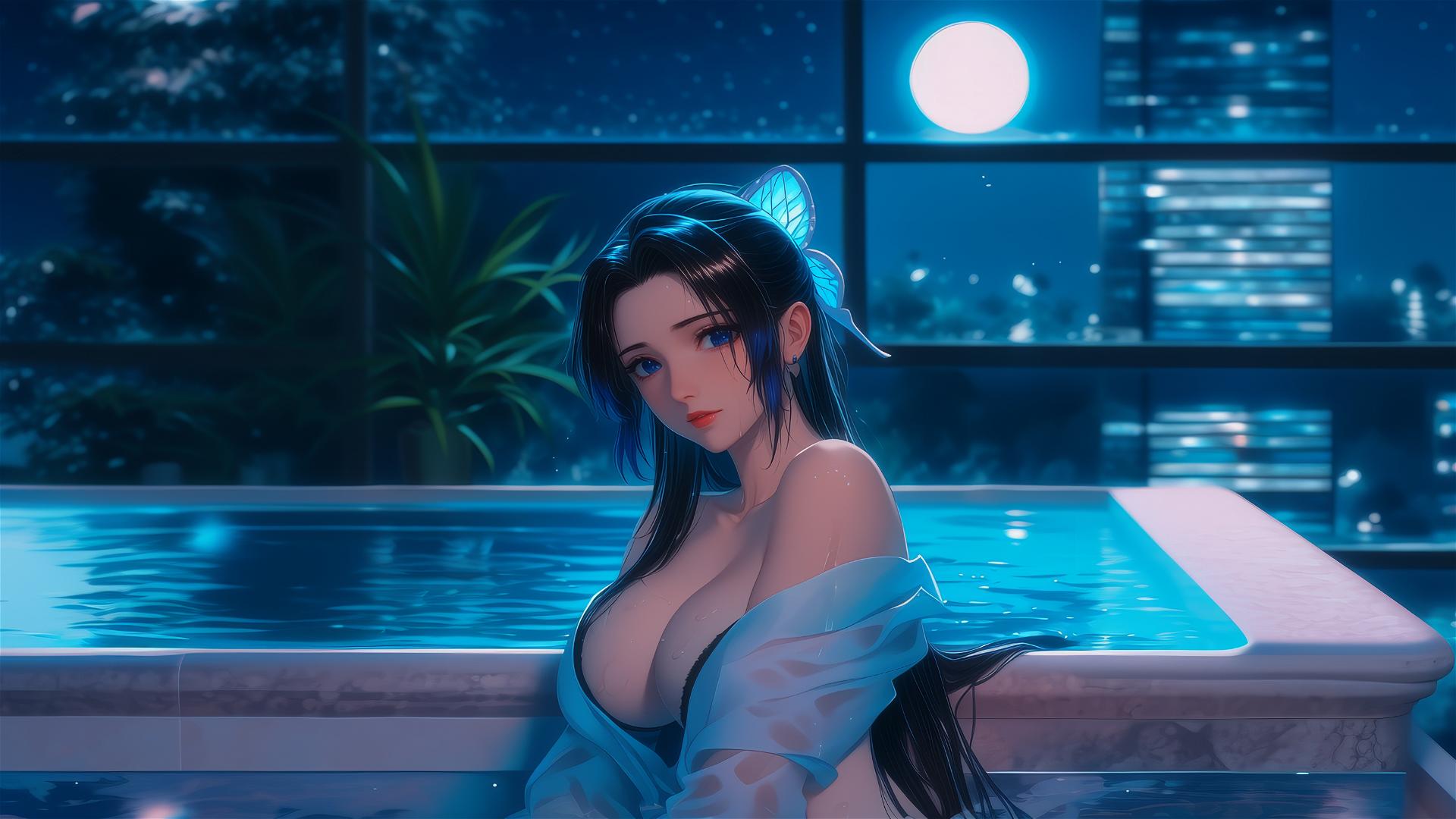Shinobu Kocho relaxing in a tub, bathed in moonlight