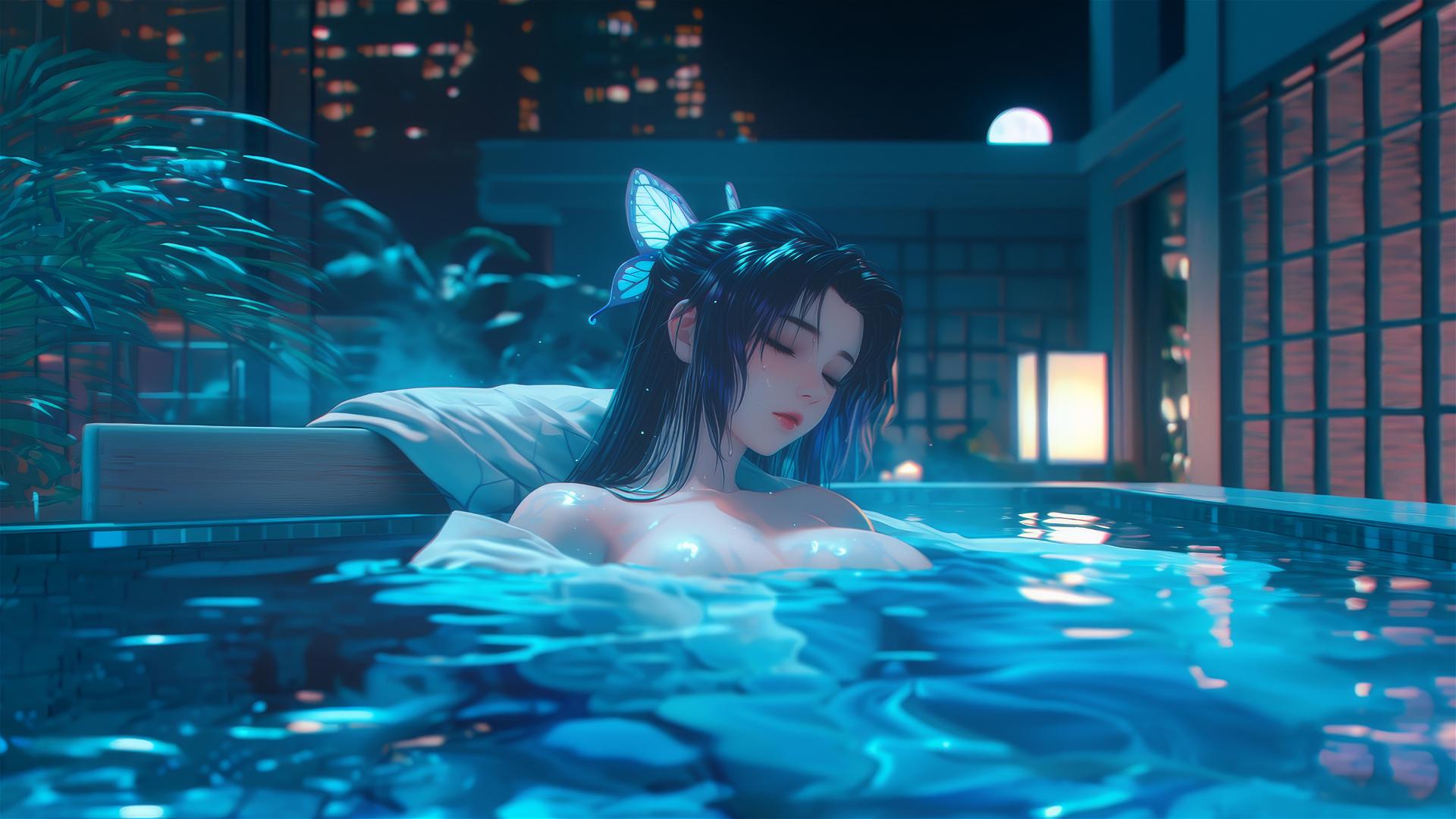Shinobu Kocho from Demon Slayer relaxing in a tub, illuminated by moonlight.