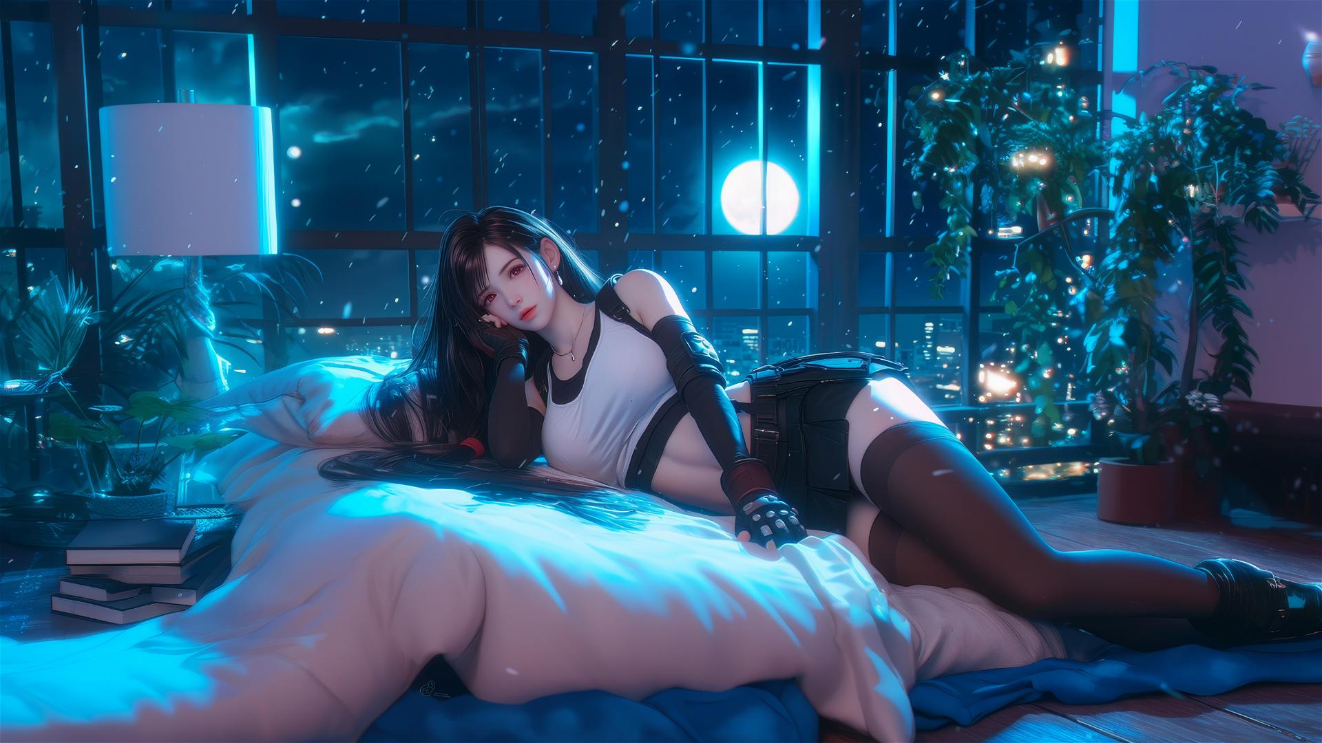Tifa Lockhart resting in her room illuminated by moonlight.