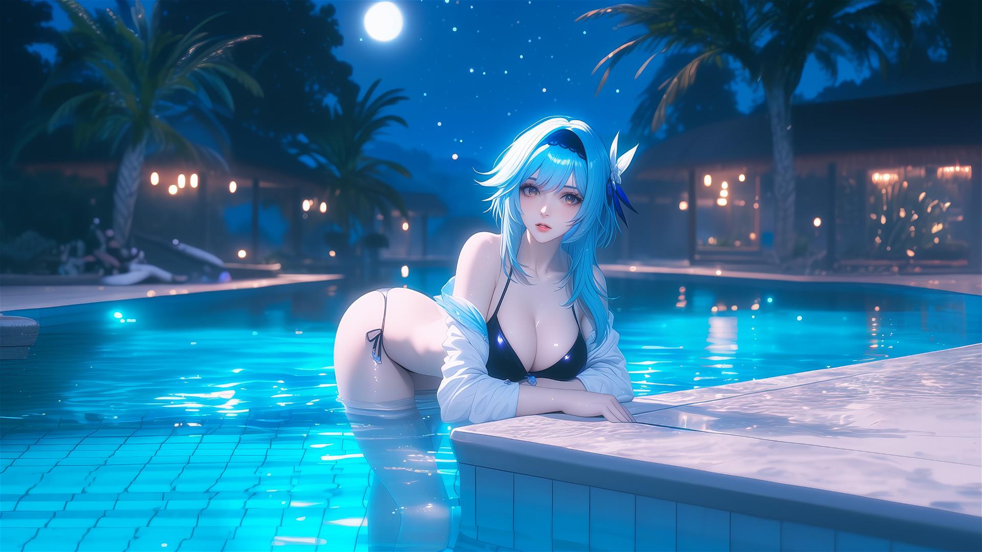 Eula Lawrence from Genshin Impact resting by the pool in moonlight