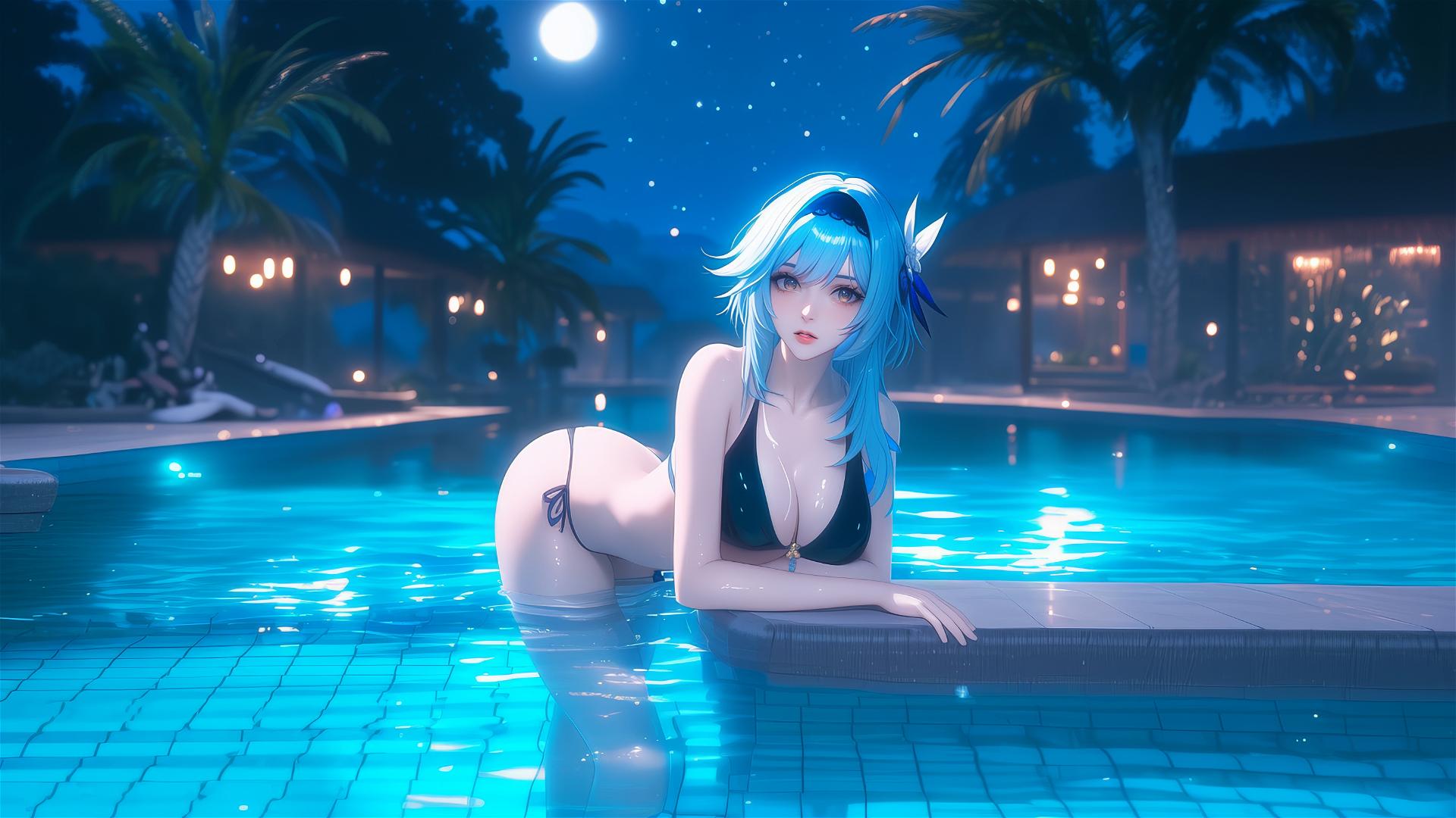 Eula Lawrence from Genshin Impact relaxing by a pool under moonlight