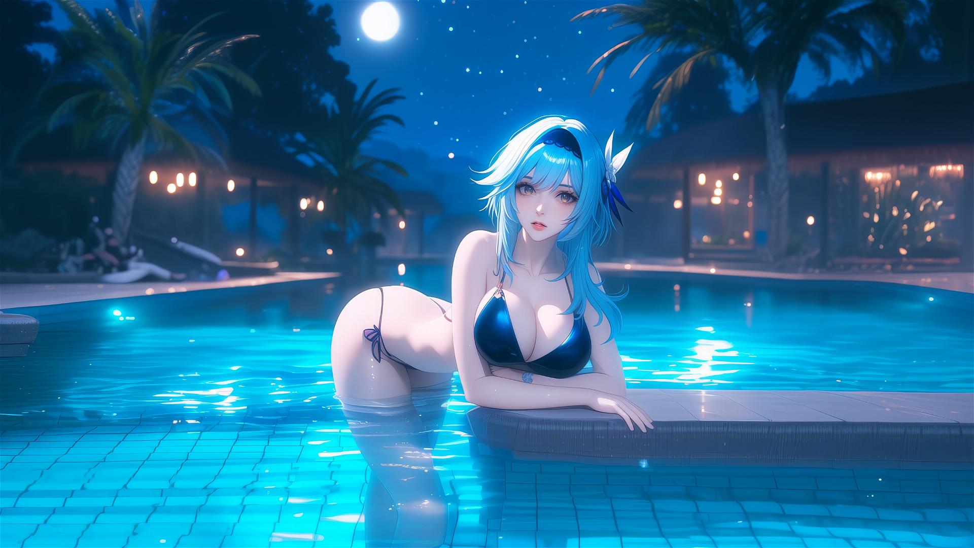 Eula Lawrence resting by a swimming pool under moonlight
