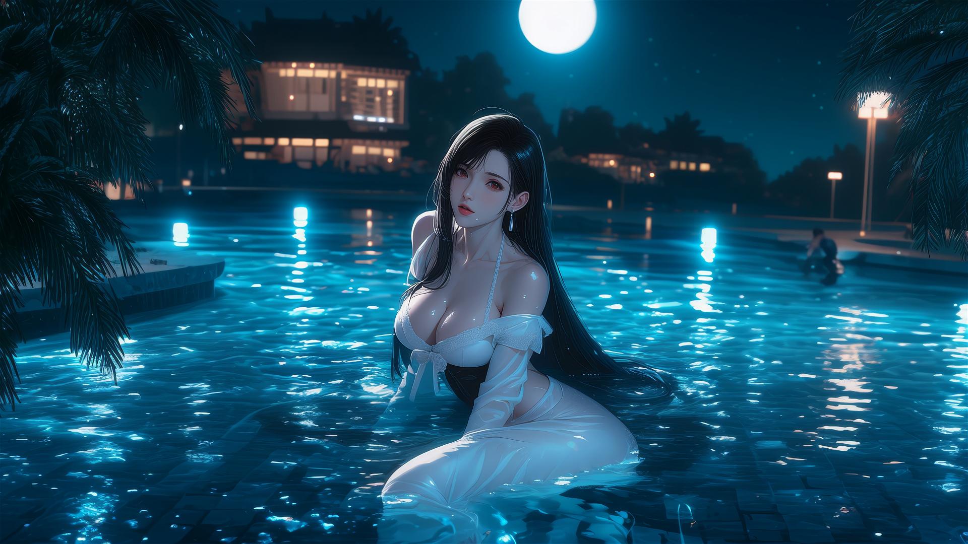 Tifa Lockhart in white silk pajamas resting by a moonlit pool