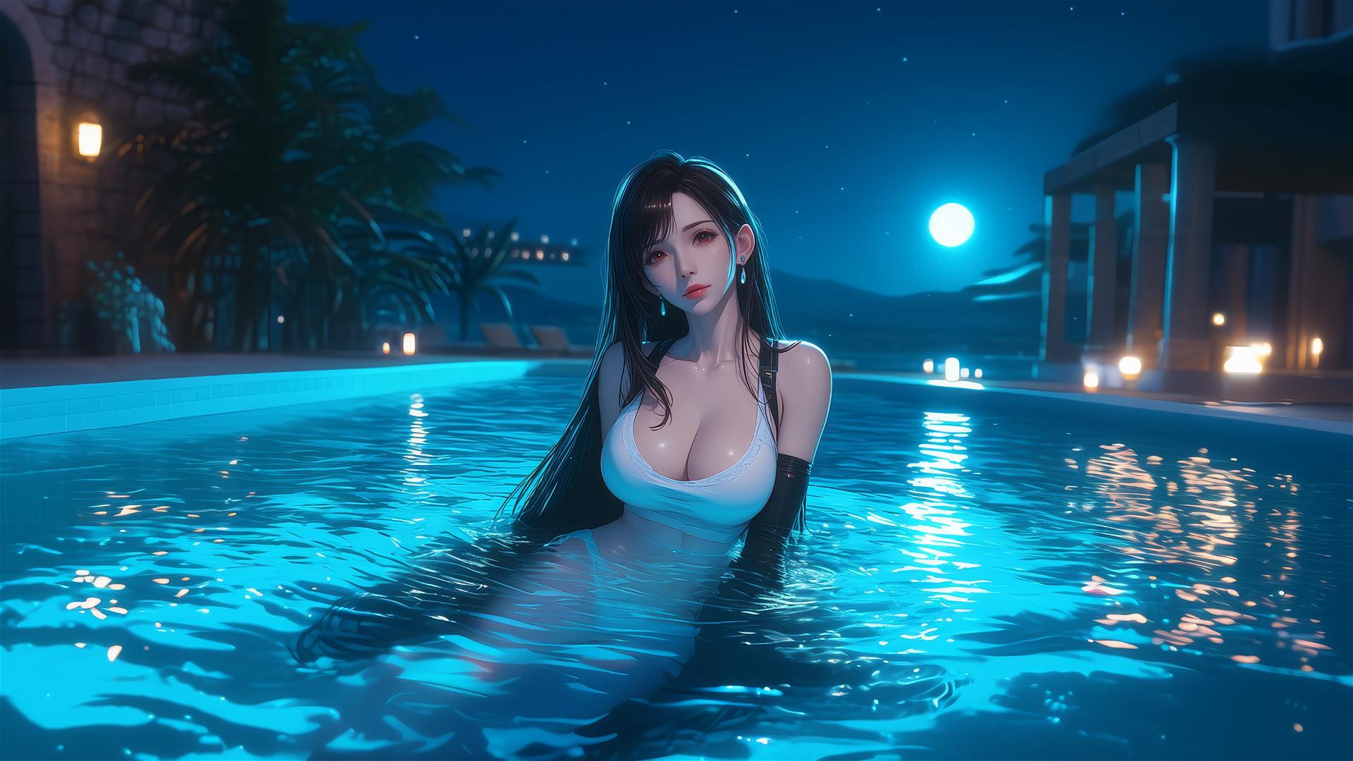 Tifa Lockhart from Final Fantasy resting in a tub under moonlight.