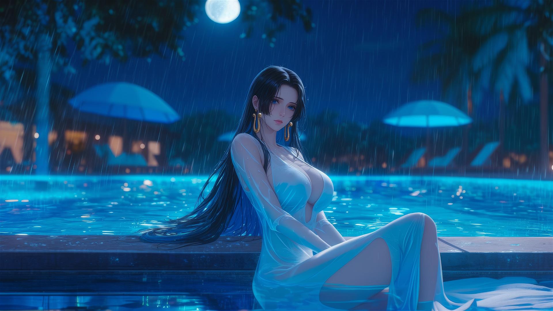Boa Hancock from One Piece resting by a rainy pool under moonlight in a white dress