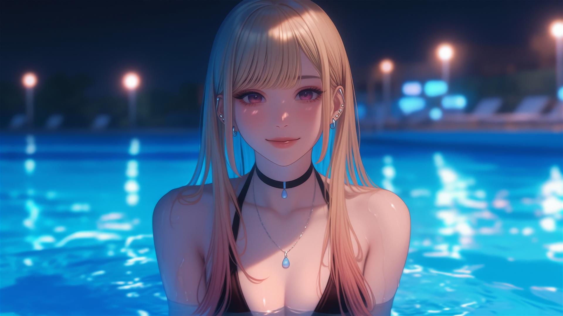 Marin Kitagawa at a rainy swimming pool, moonlight softly glowing, blonde hair with pinkish-red tips, and pinkish eyes.